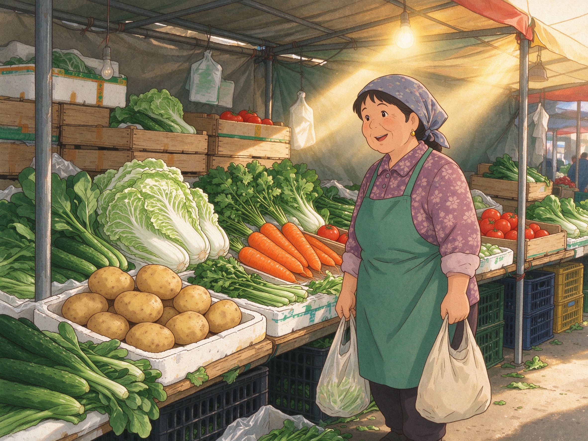 包头本地菜市场大妈买菜吉卜力生活插画
