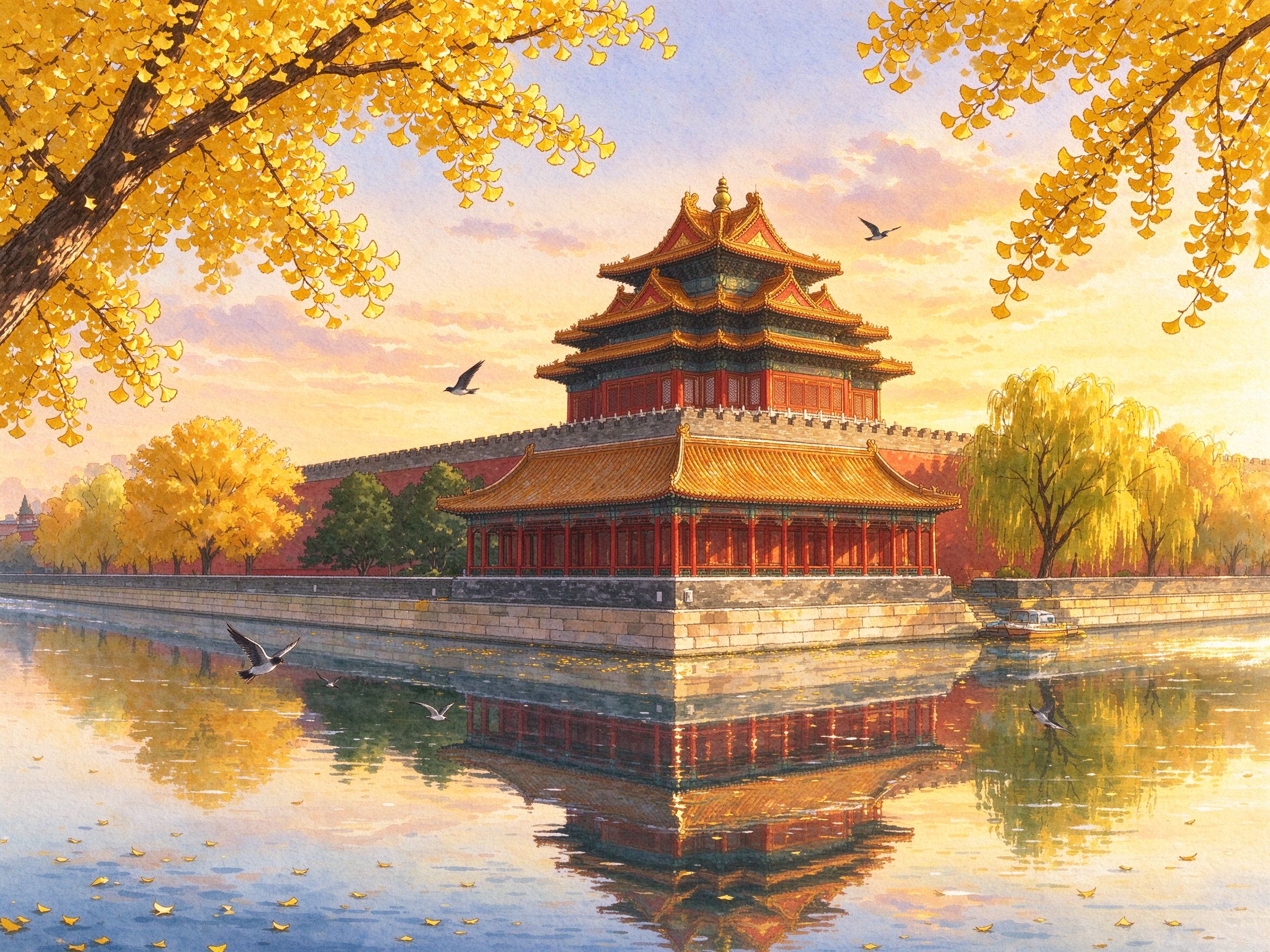 北京故宫角楼秋日护城河吉卜力旅行插画