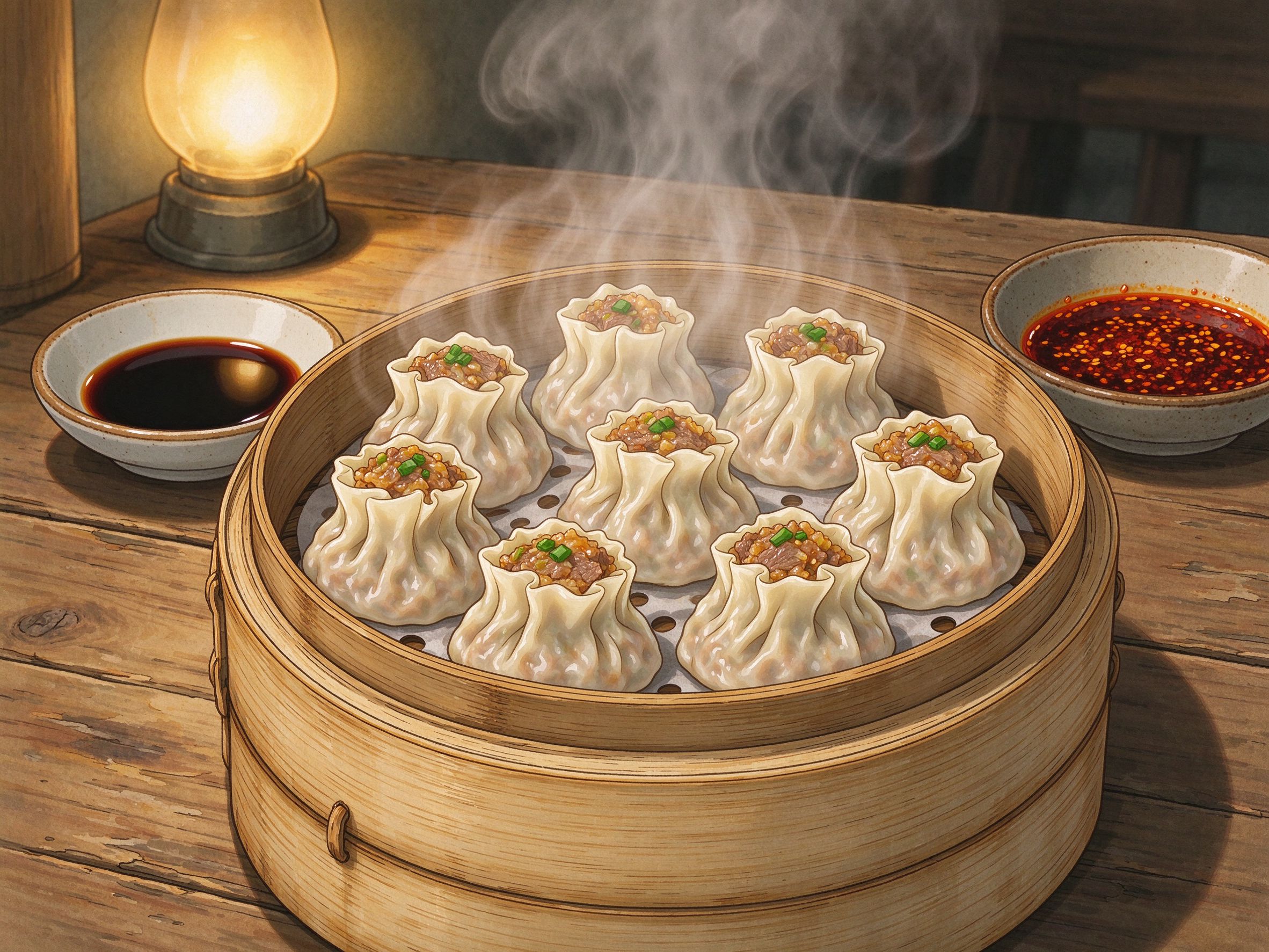 呼和浩特羊肉烧麦竹蒸笼吉卜力美食插画