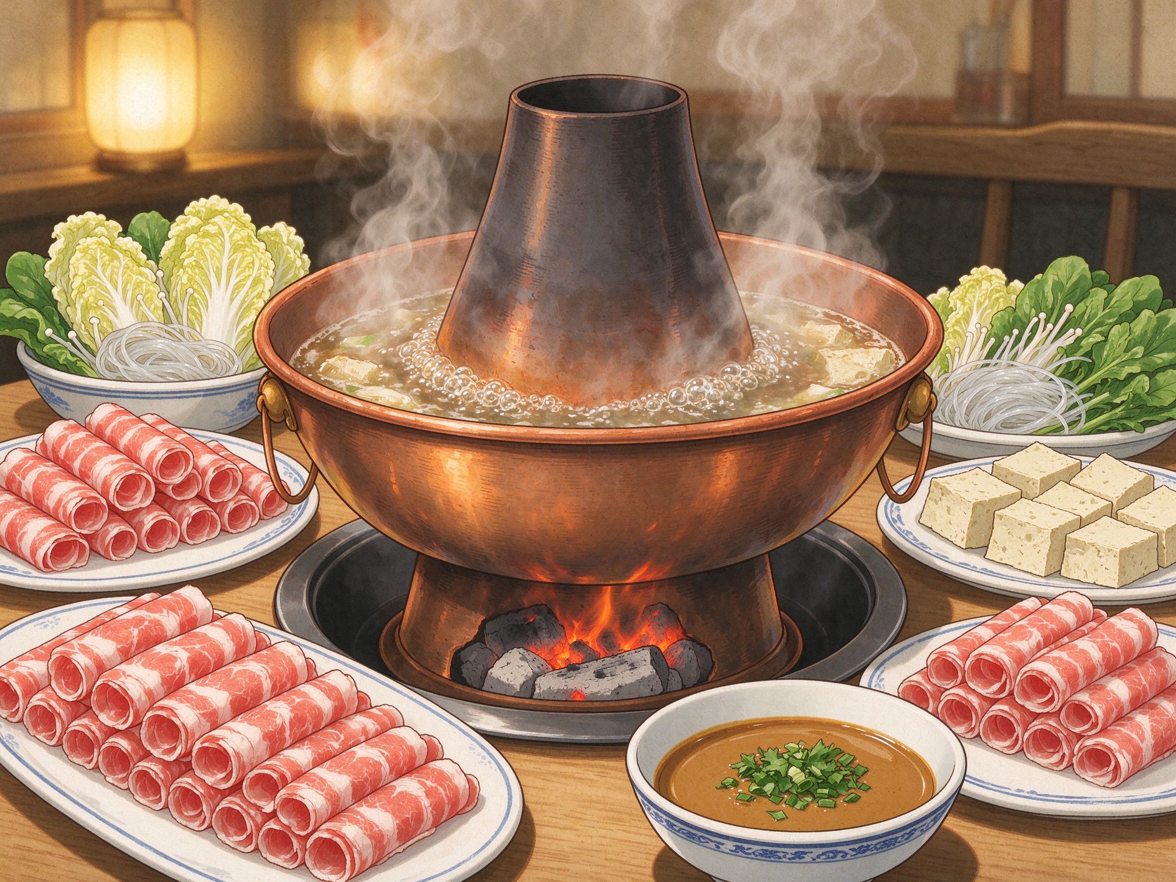 老北京炭火铜锅涮羊肉吉卜力美食插画