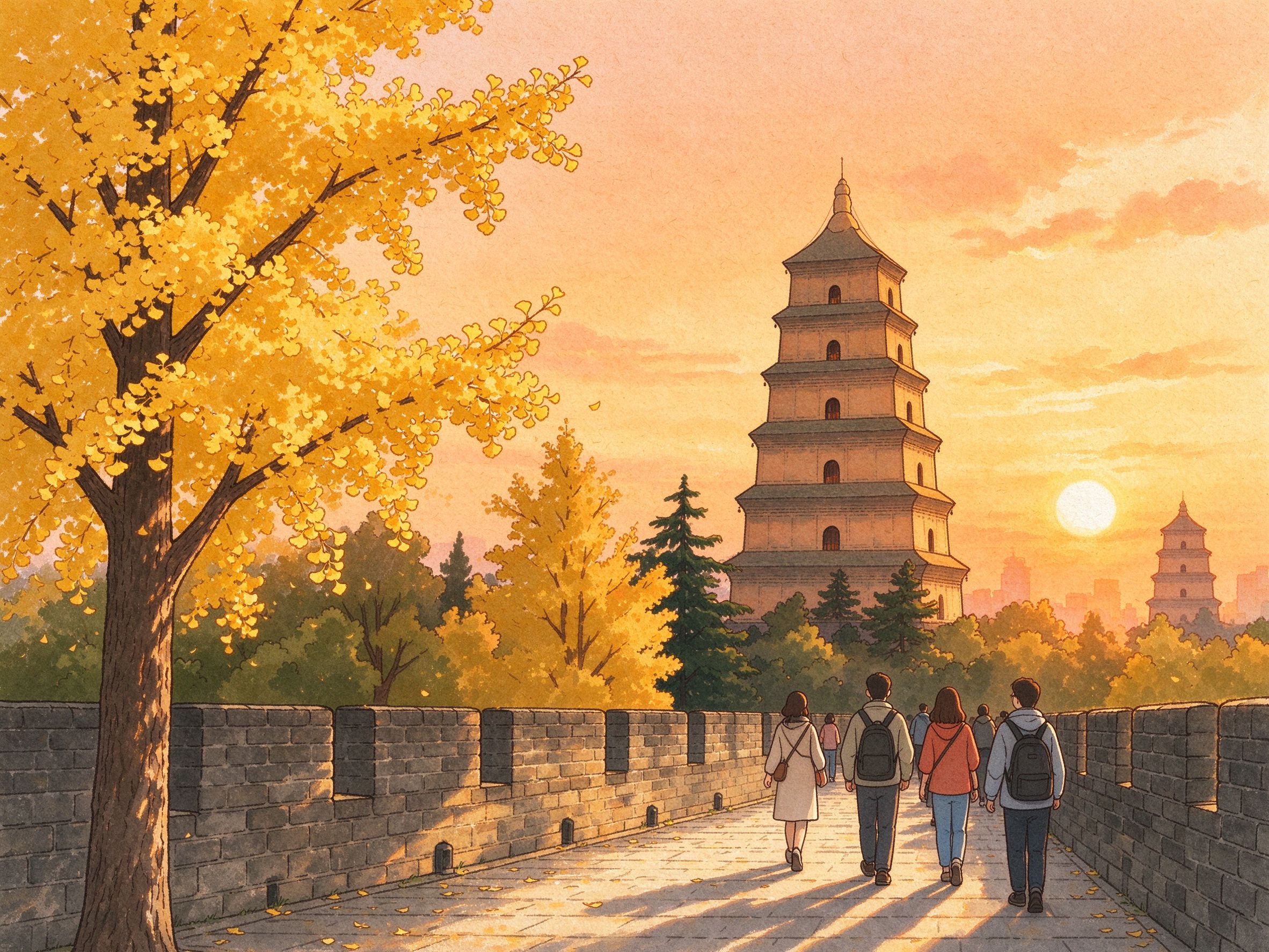 西安大雁塔古城墙秋日吉卜力旅行插画