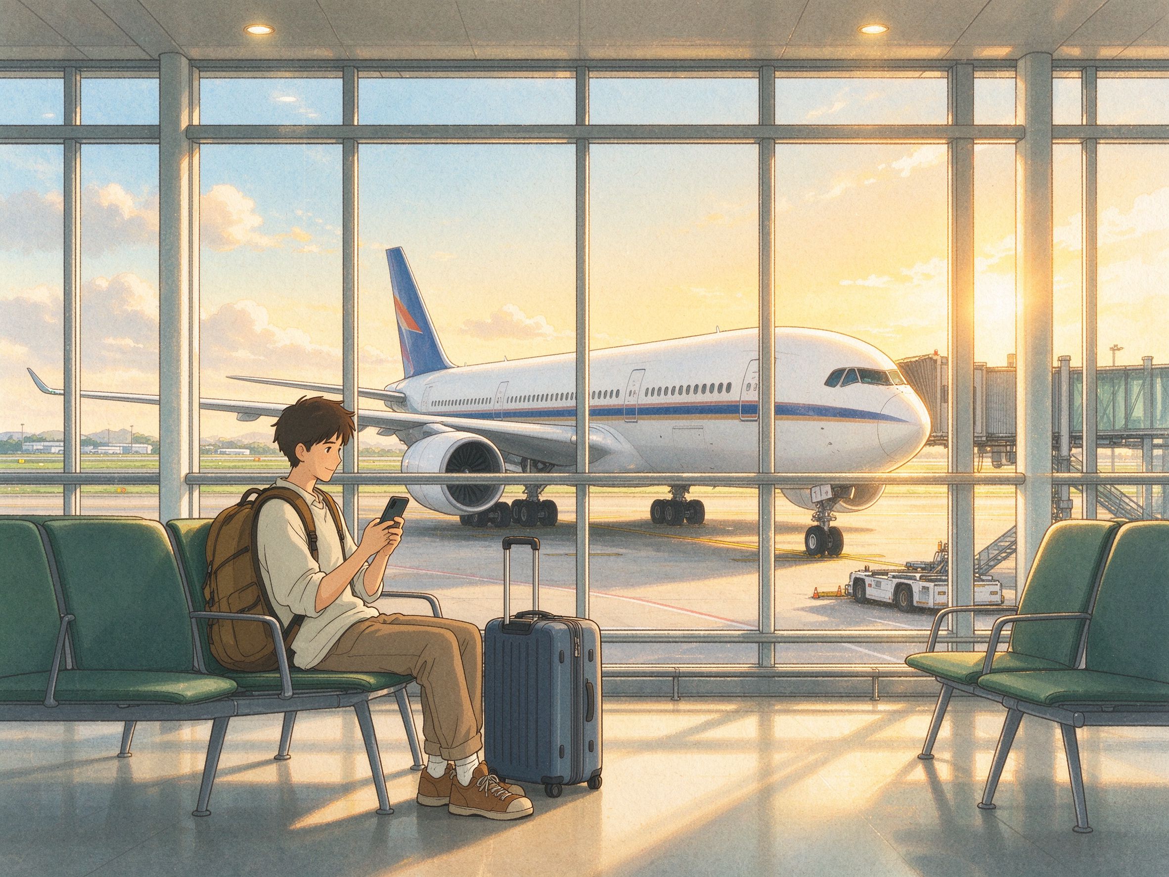 机场候机大厅背包客吉卜力旅行插画