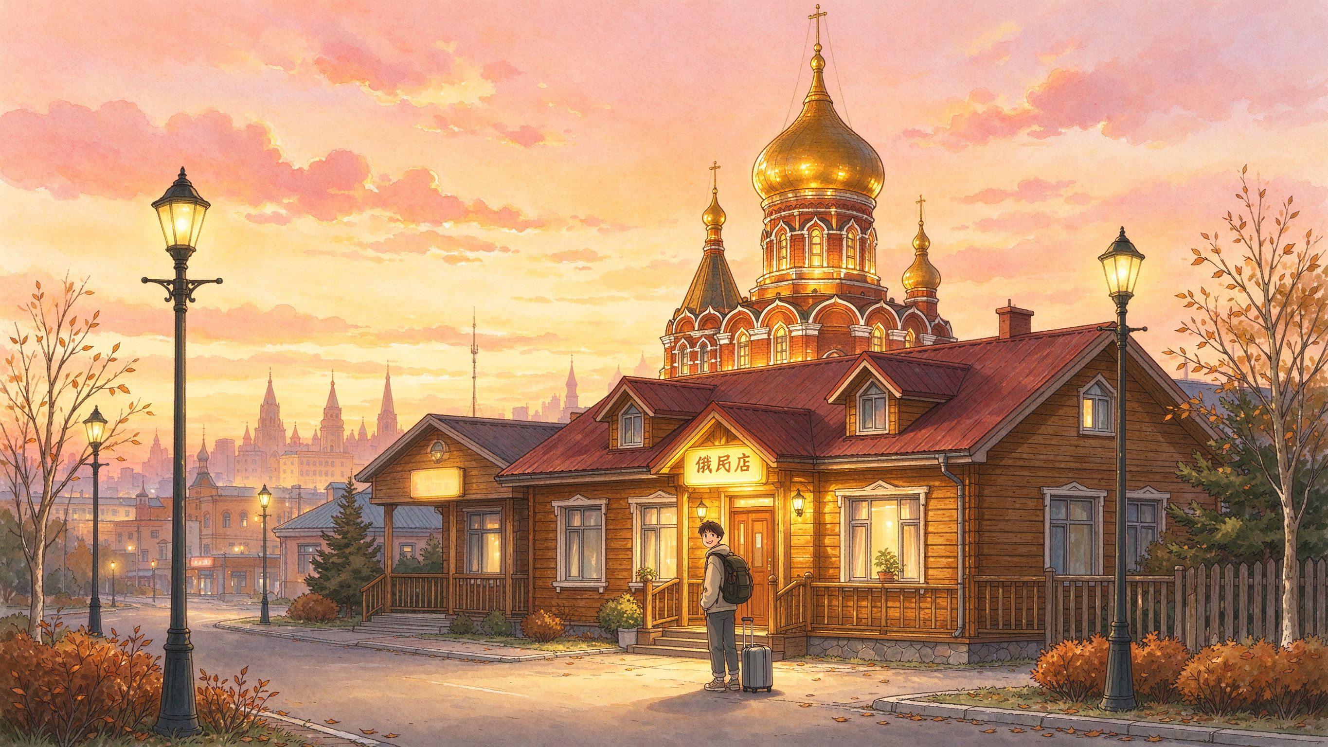 满洲里俄式小旅馆黄昏街景插画
