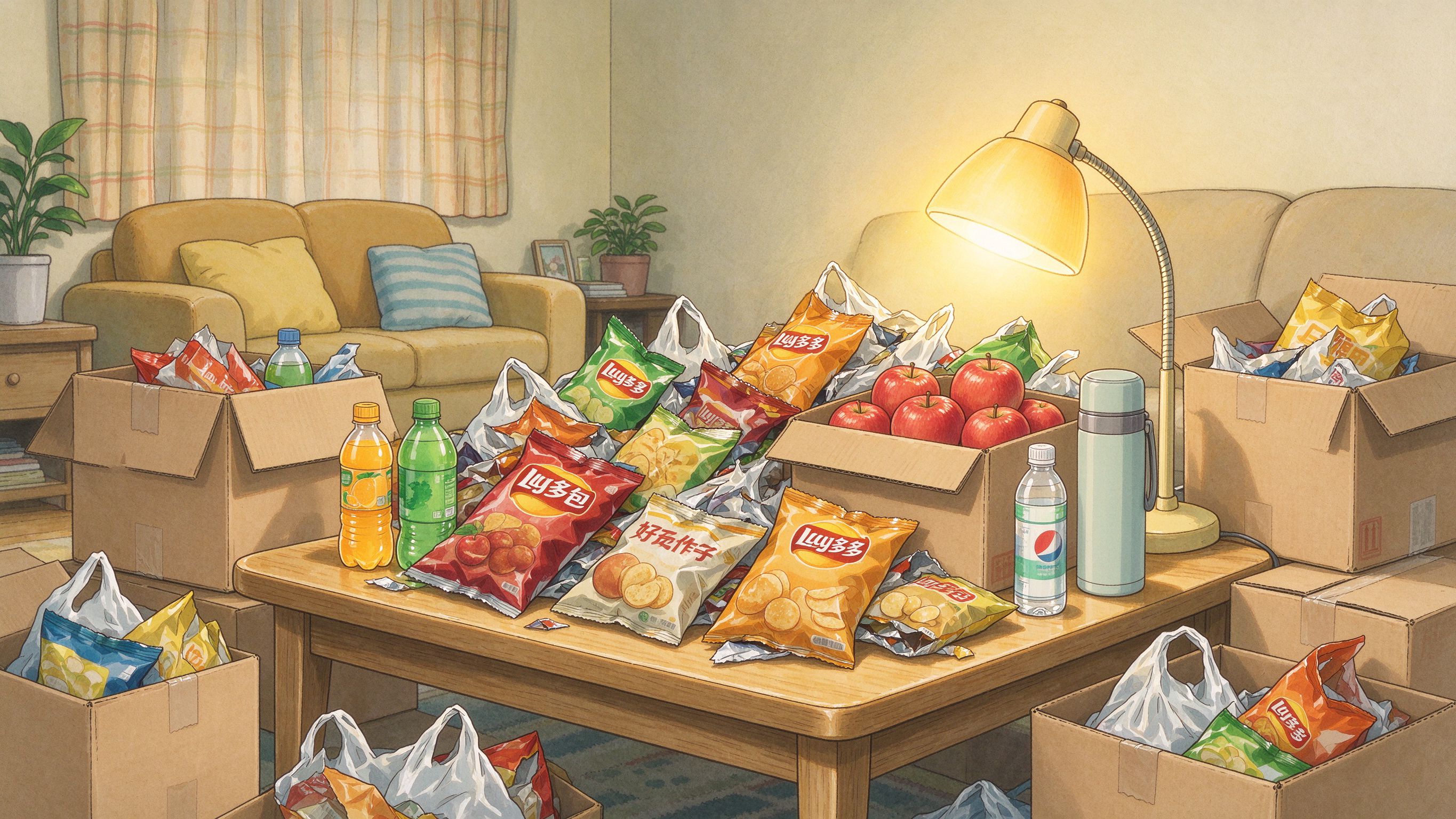 小房间囤满零食快递插画