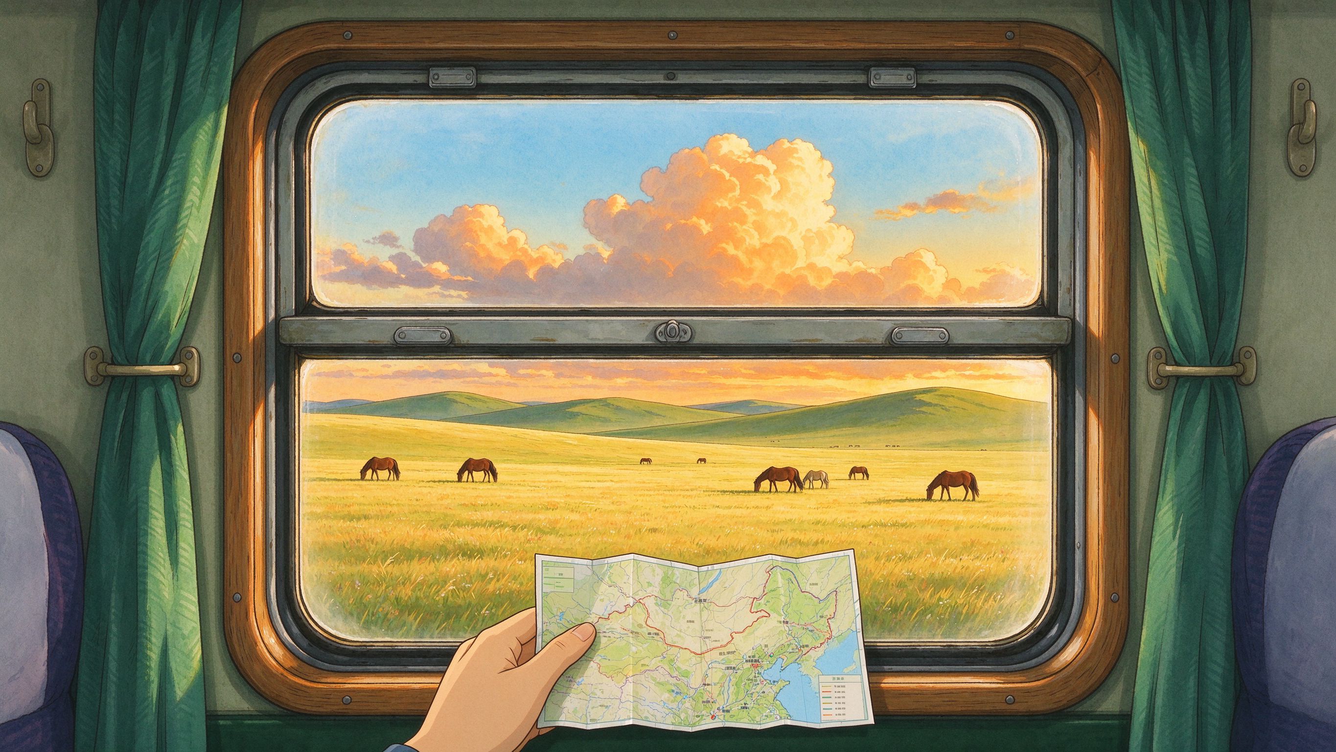 绿皮火车窗外草原夕阳插画
