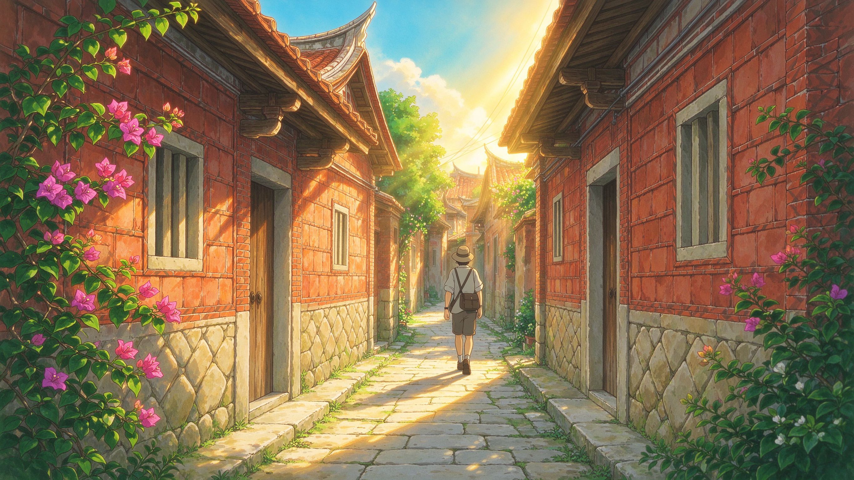 闽南老巷红砖厝插画