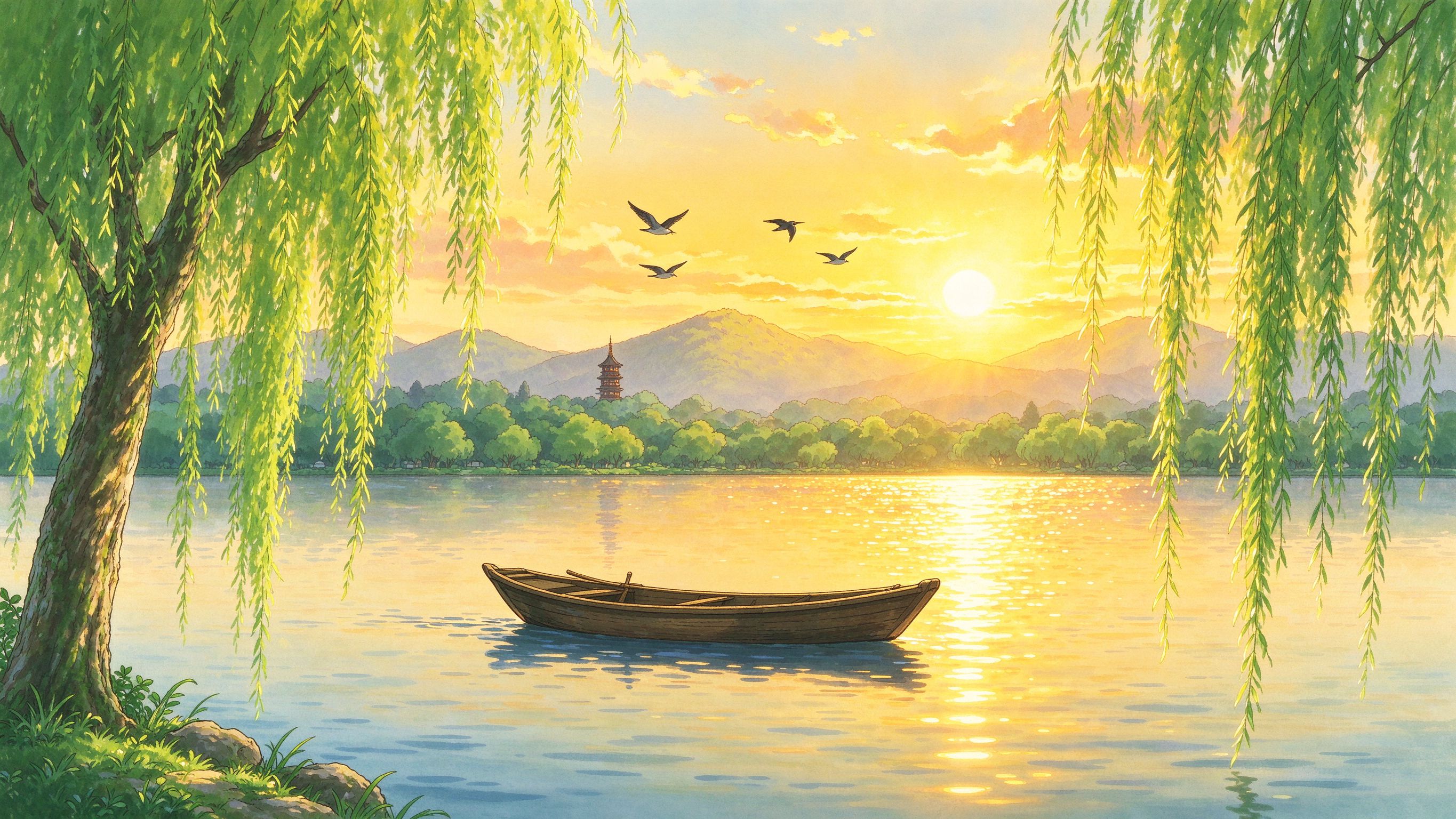 杭州西湖小船垂柳插画