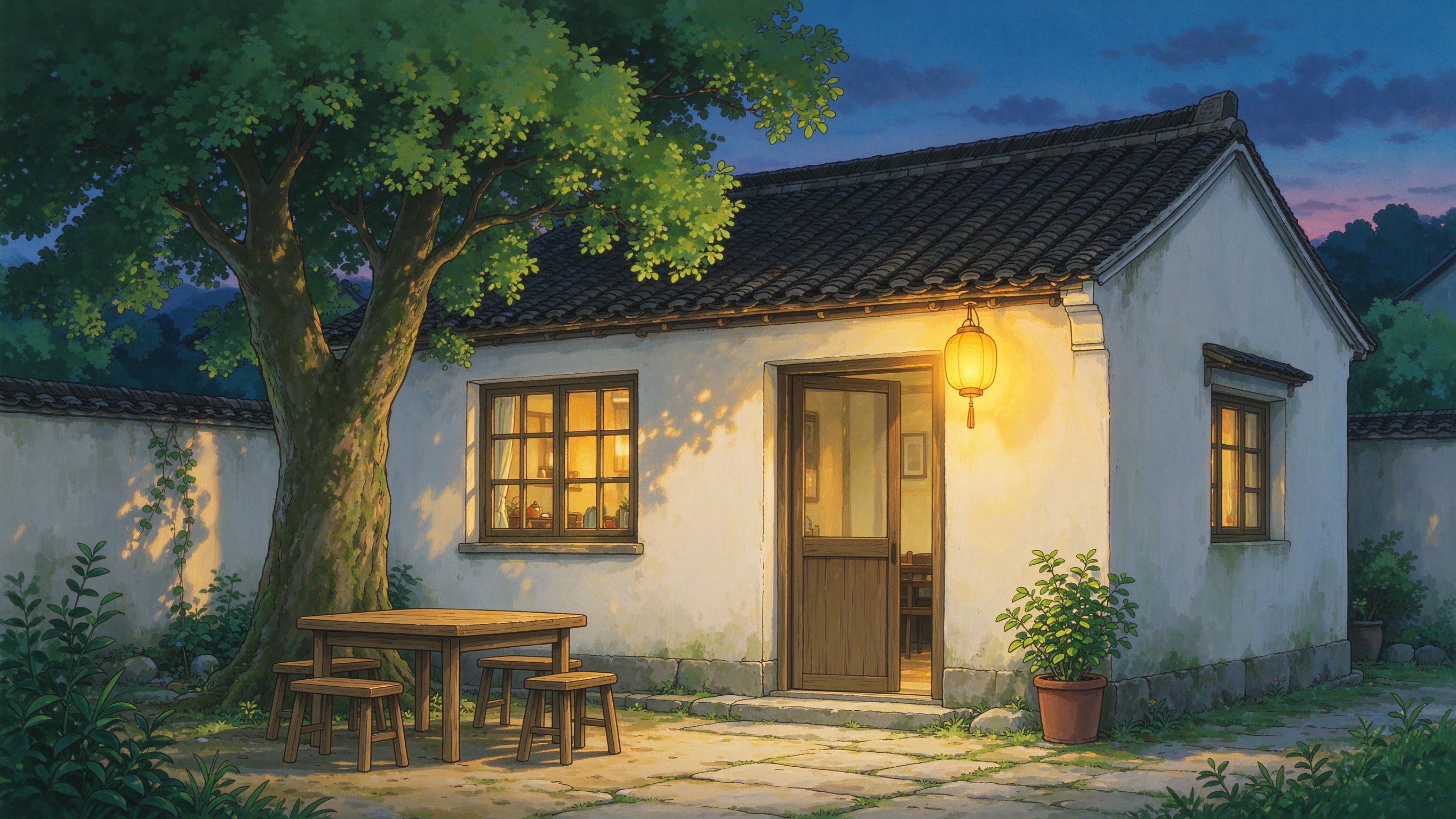 江南小院民宿暖灯插画