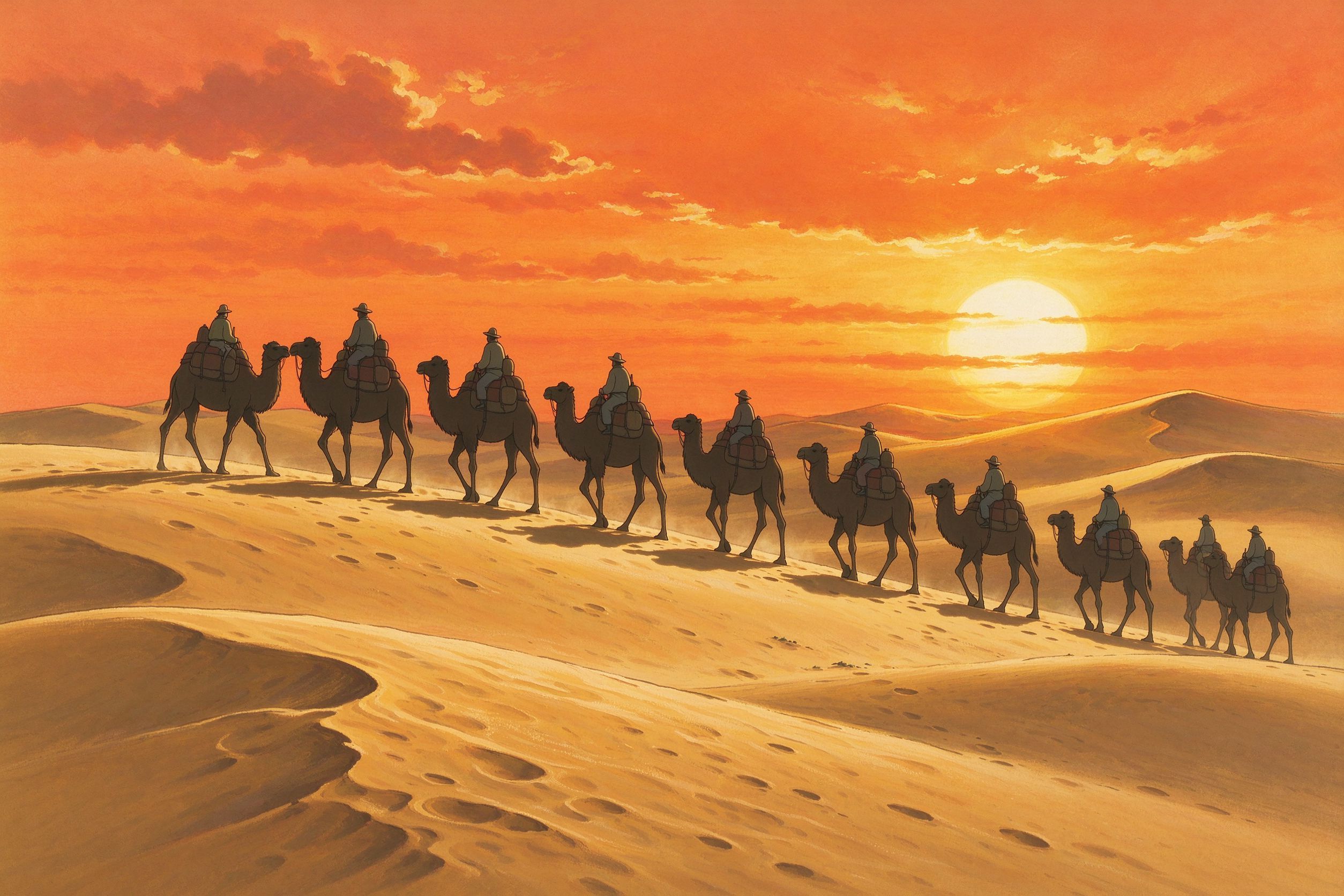 额济纳沙漠驼队日落