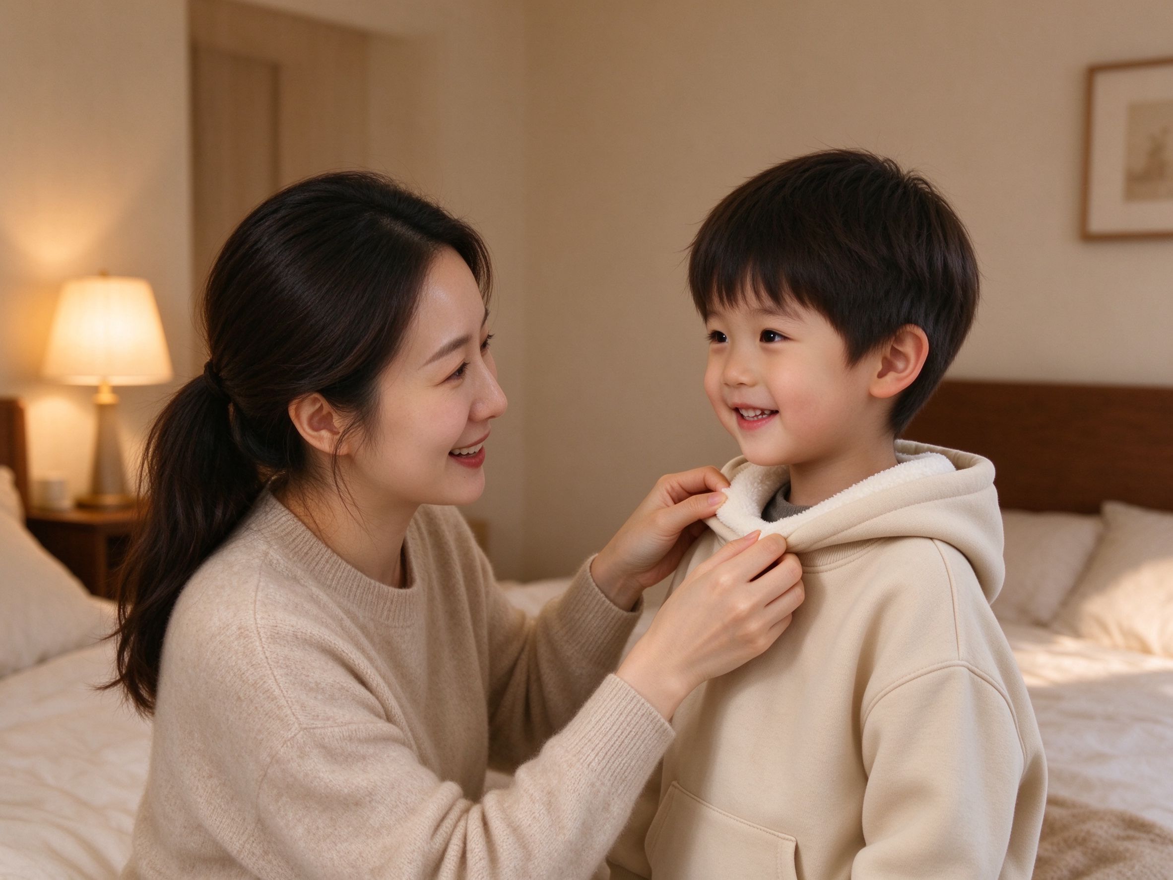 妈妈帮孩子整理卫衣领口