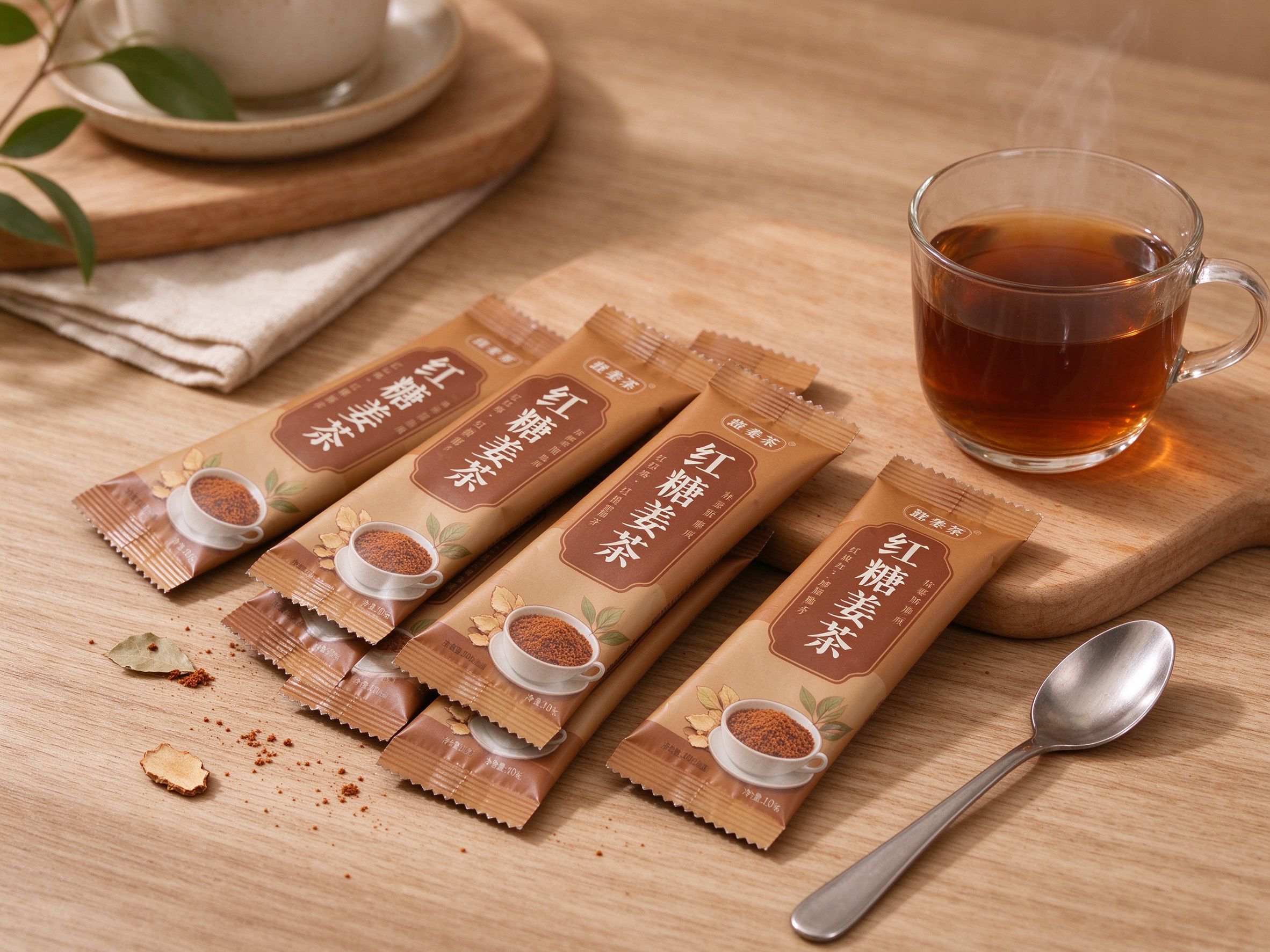 独立小包装红糖姜茶散落桌面