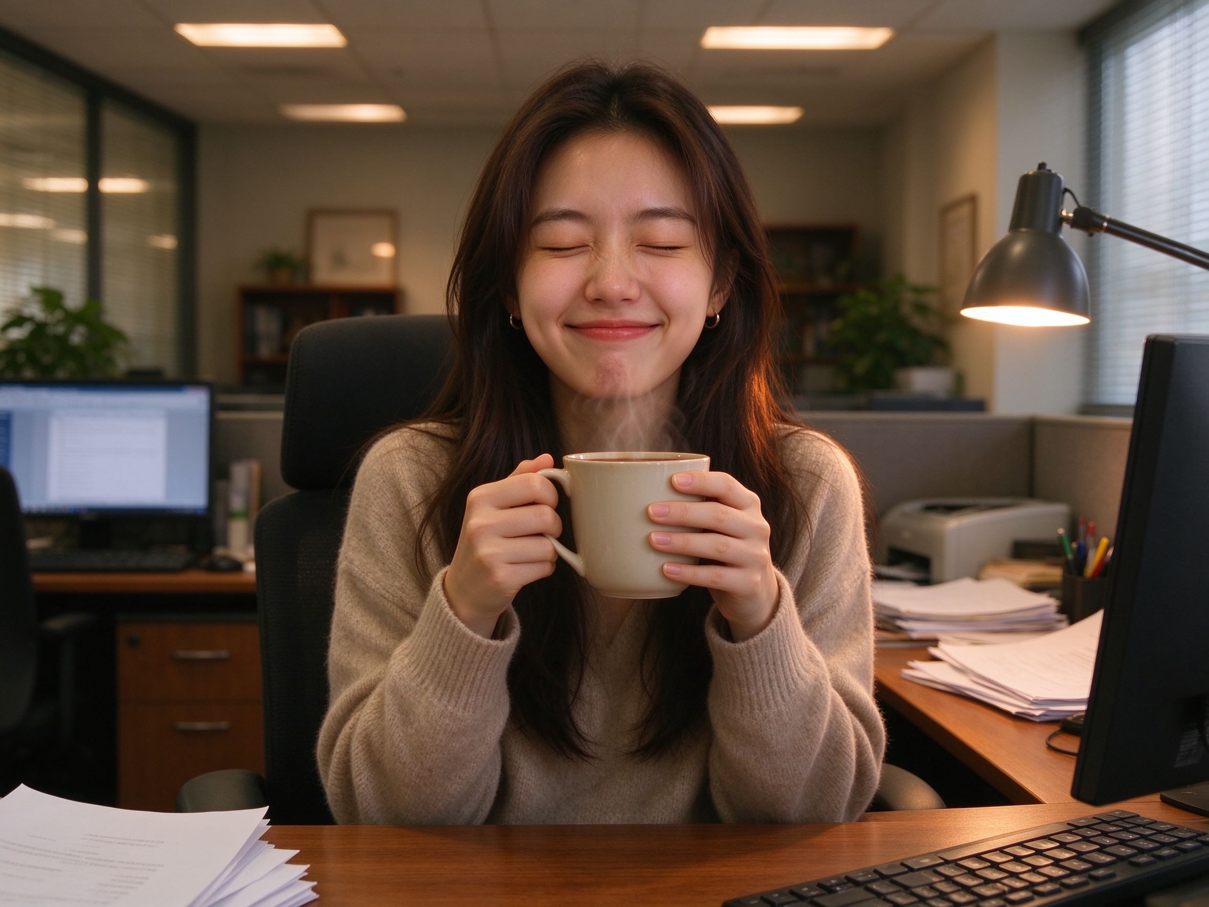 女生在办公室双手捧热姜茶杯