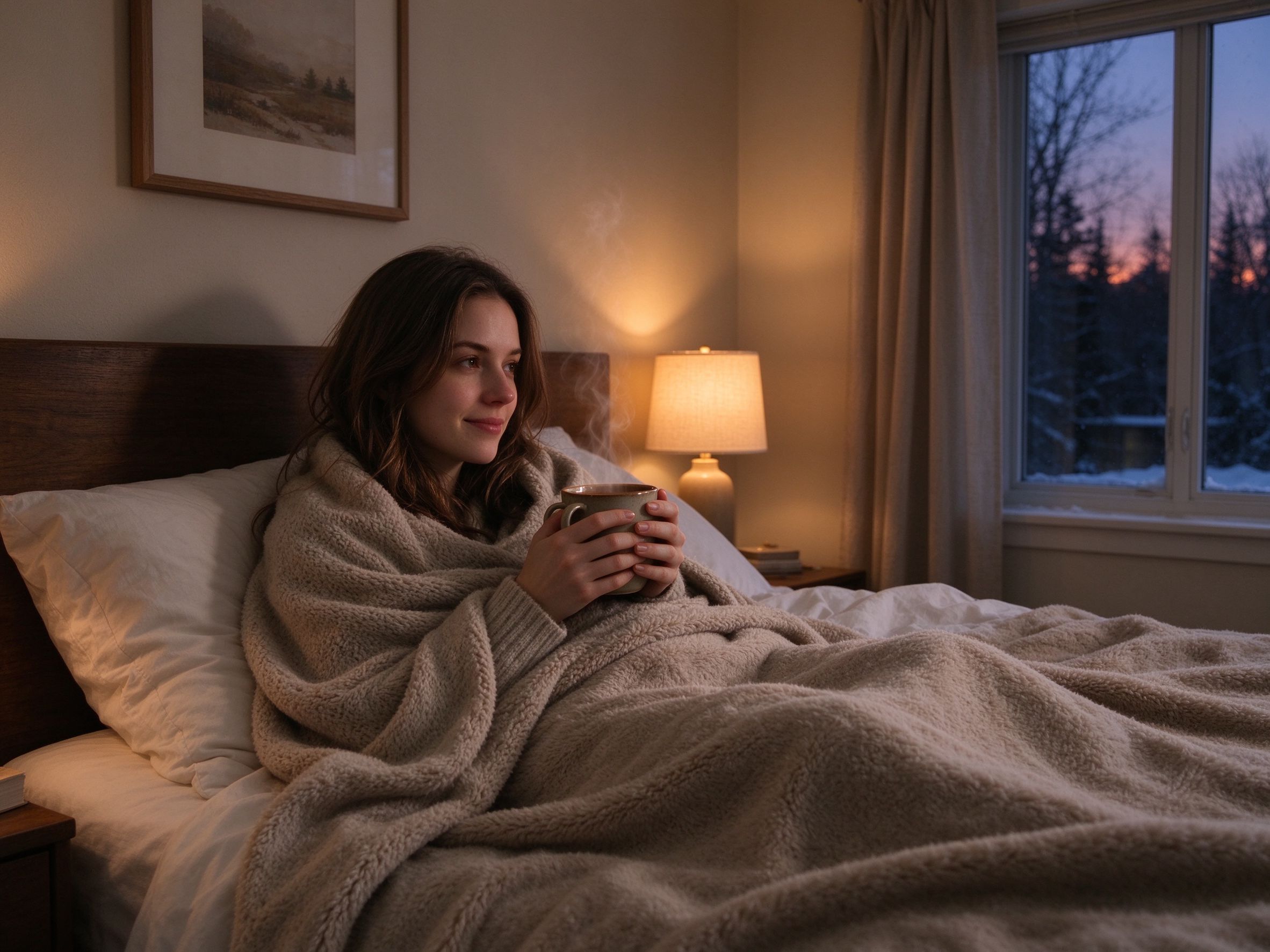 冬日卧室女生裹毛毯捧热茶杯