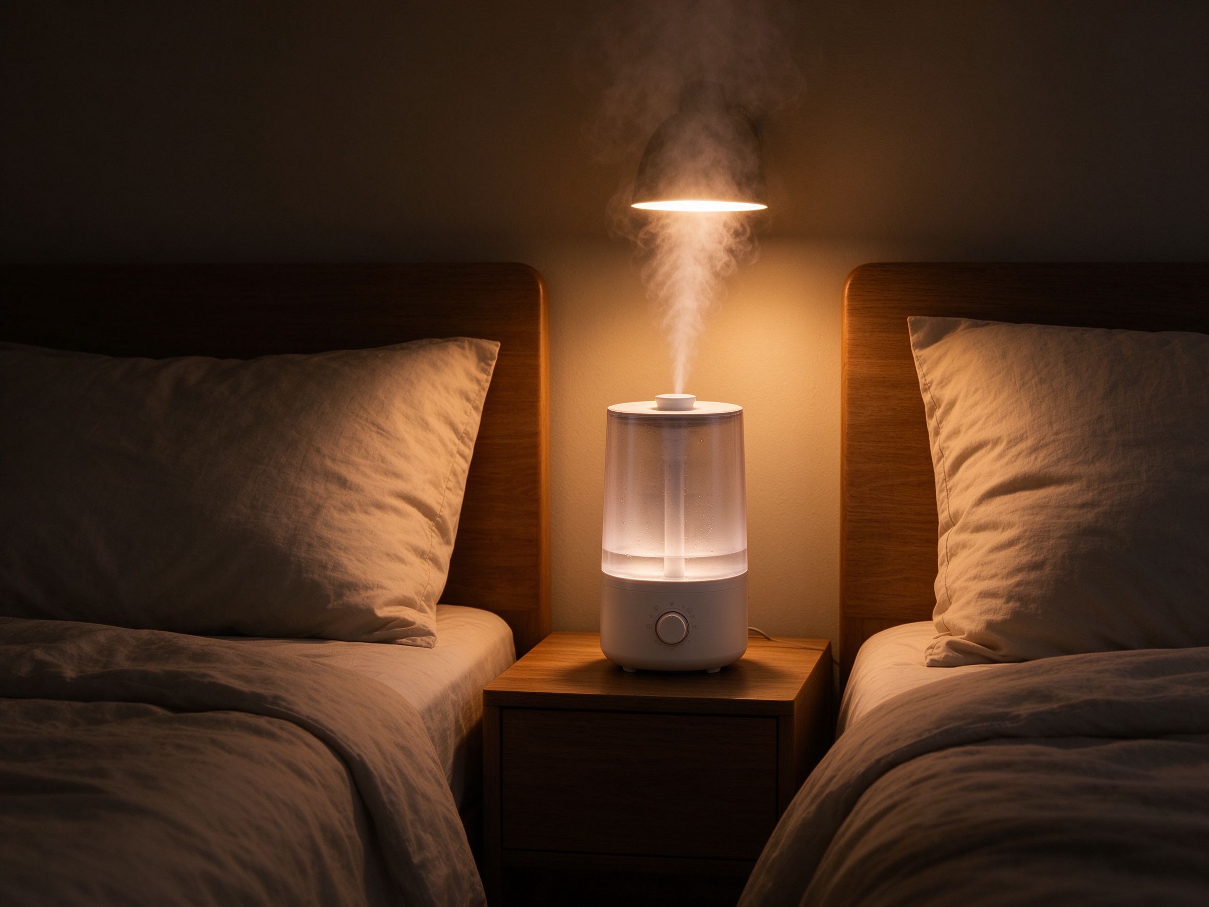夜晚卧室加湿器在床头运行