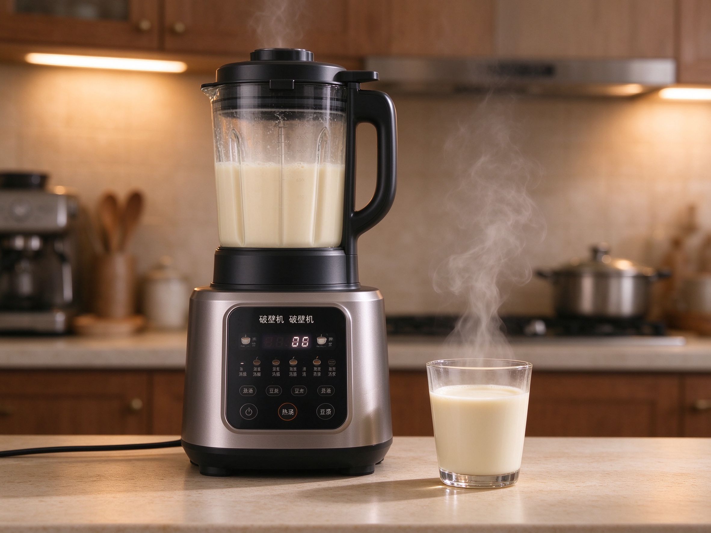 破壁机静音运行旁边一杯热豆浆