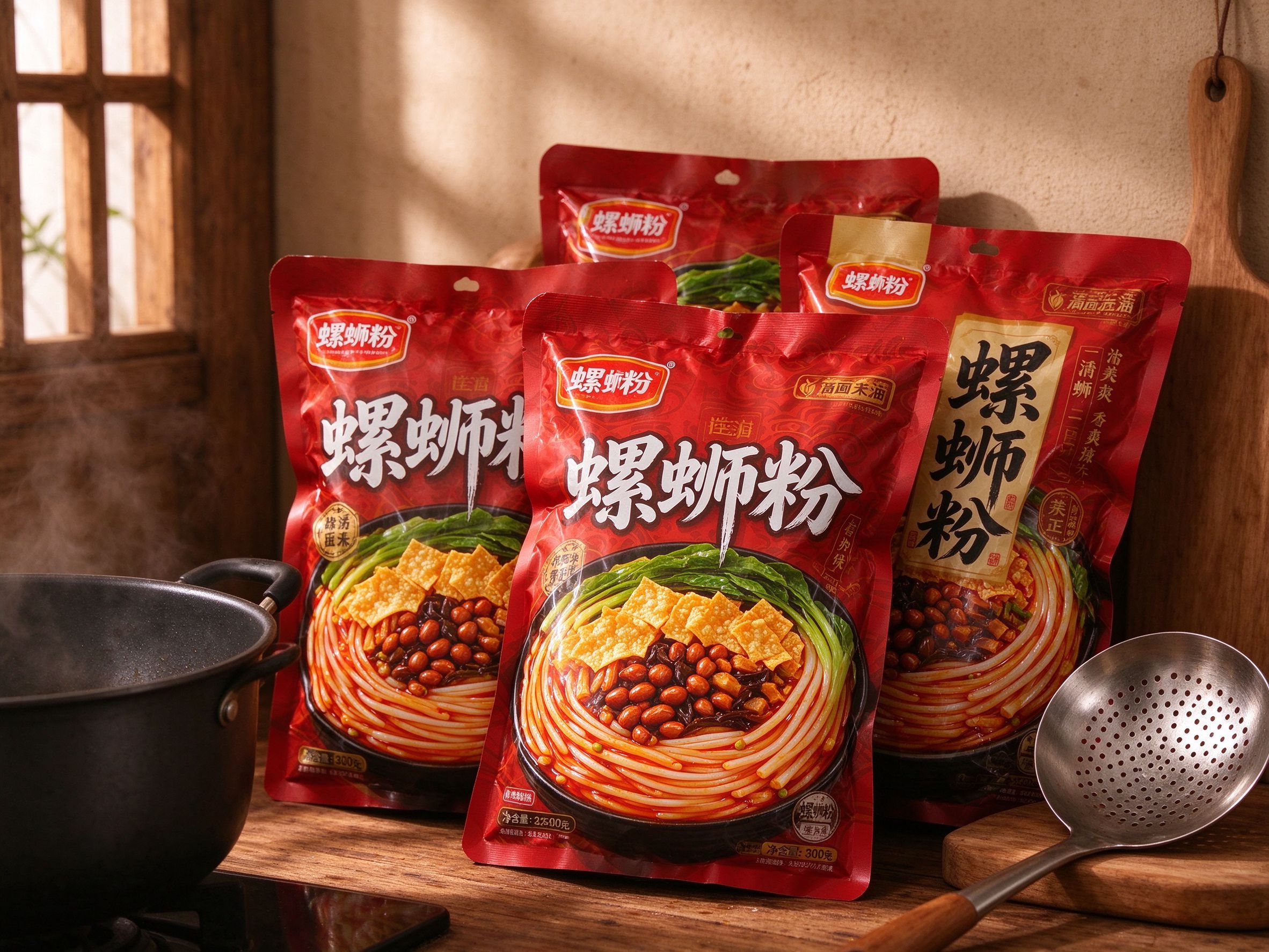 几包螺蛳粉包装袋摞在一起