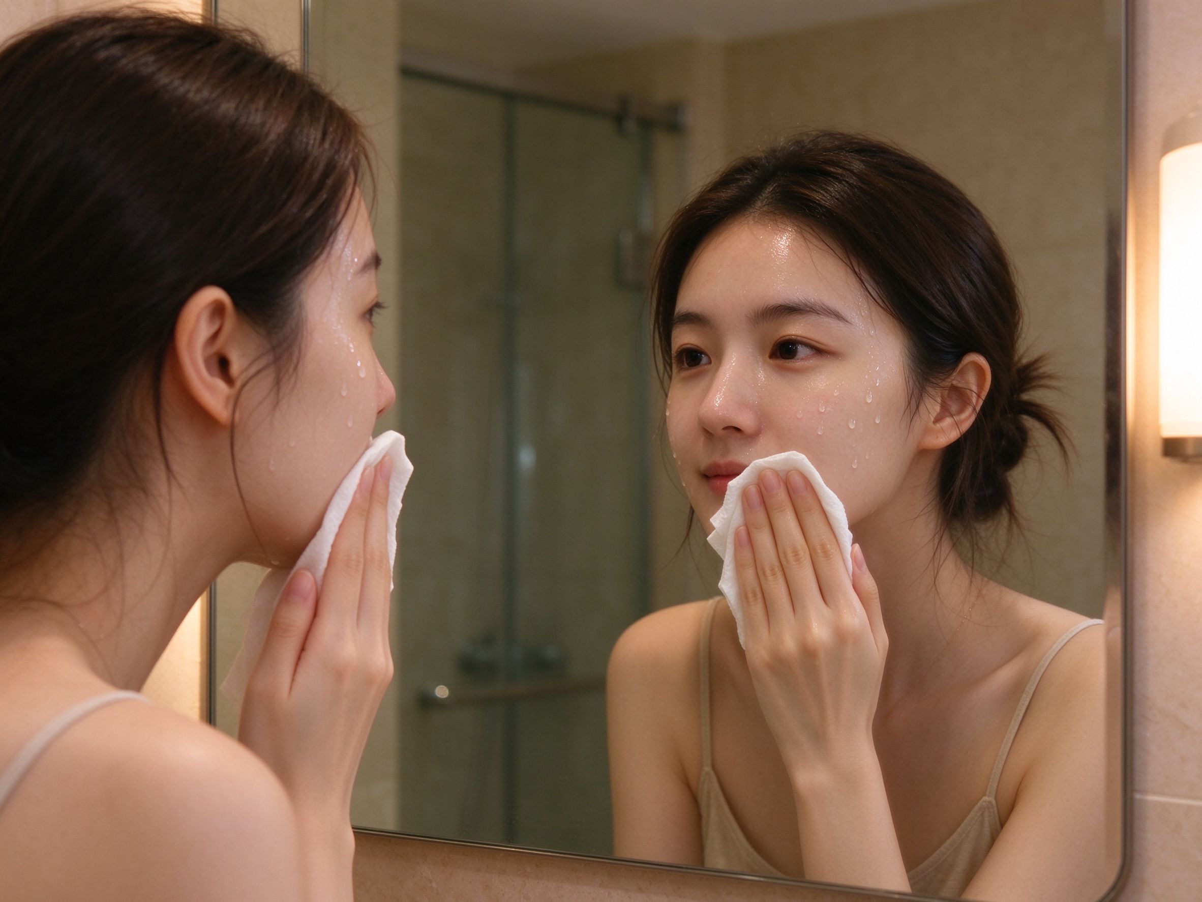 女生洗完脸用洗脸巾擦脸