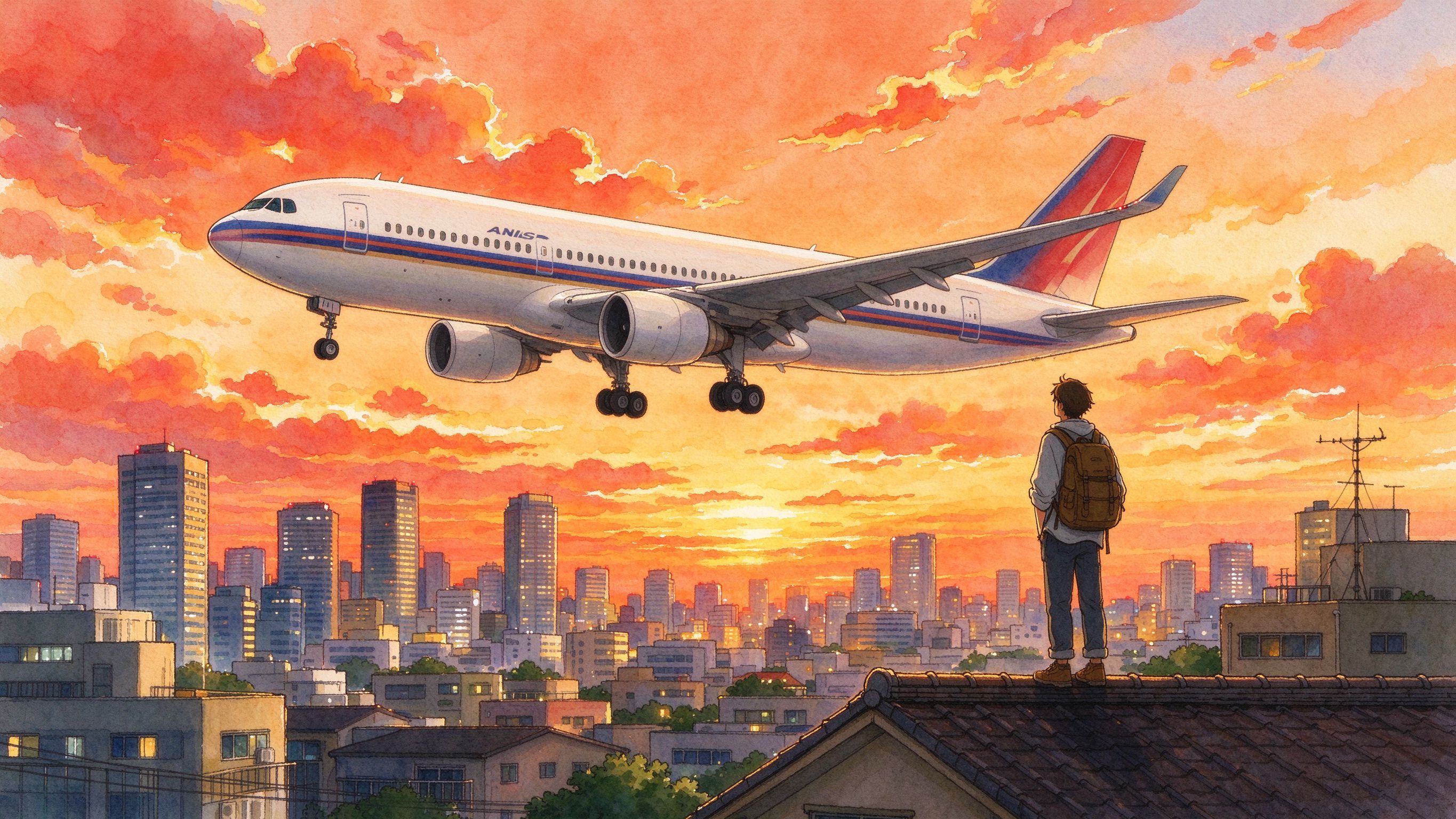 黄昏城市上空的客机