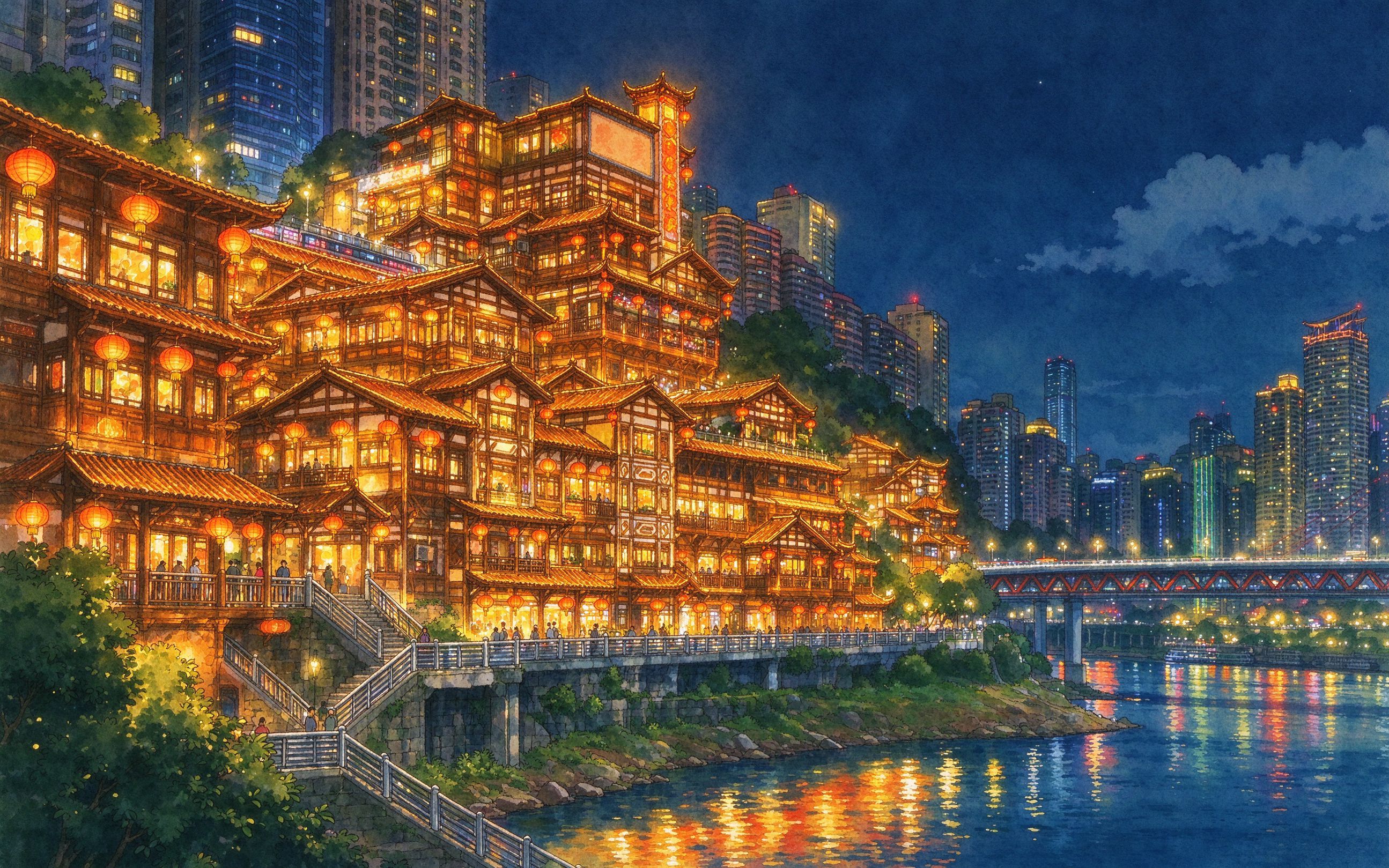 重庆洪崖洞夜景插画