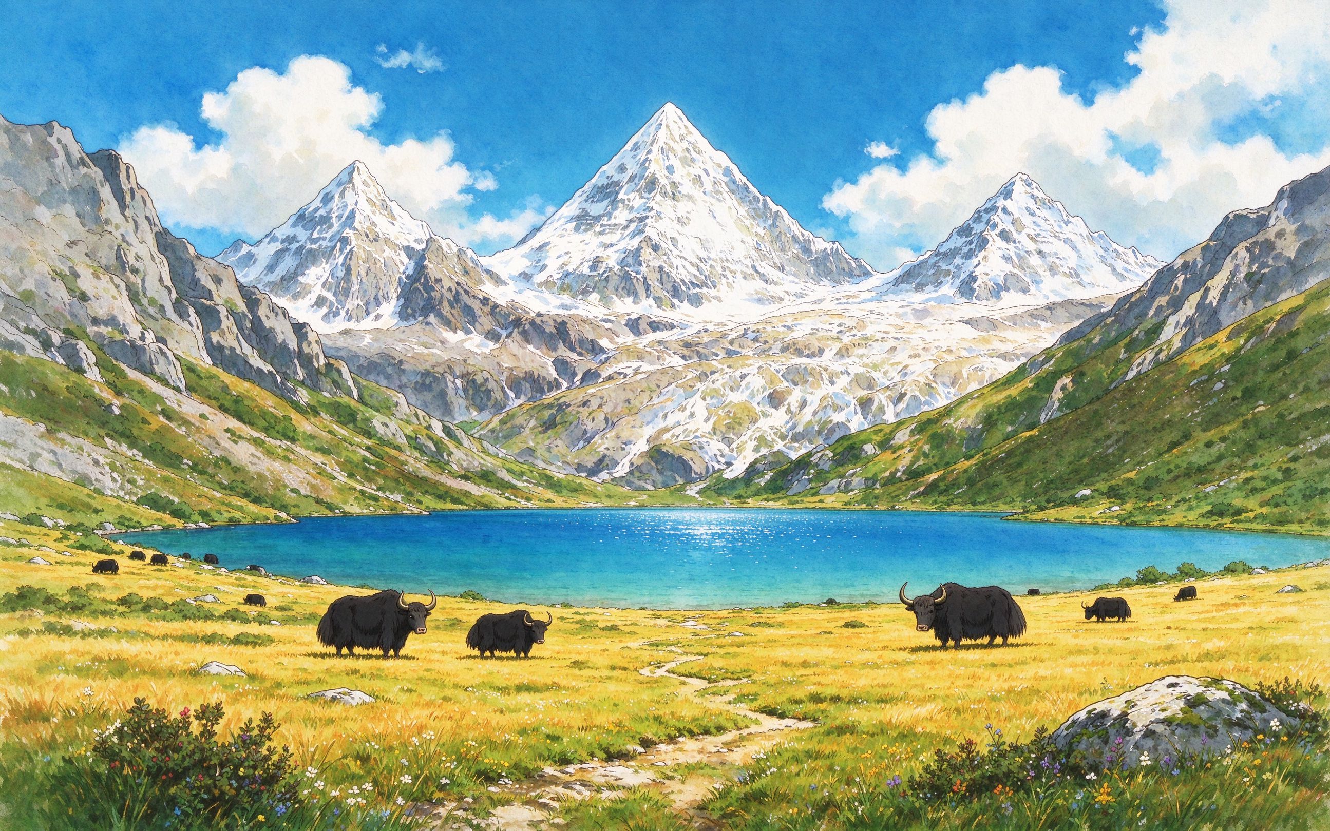 稻城亚丁雪山草甸插画