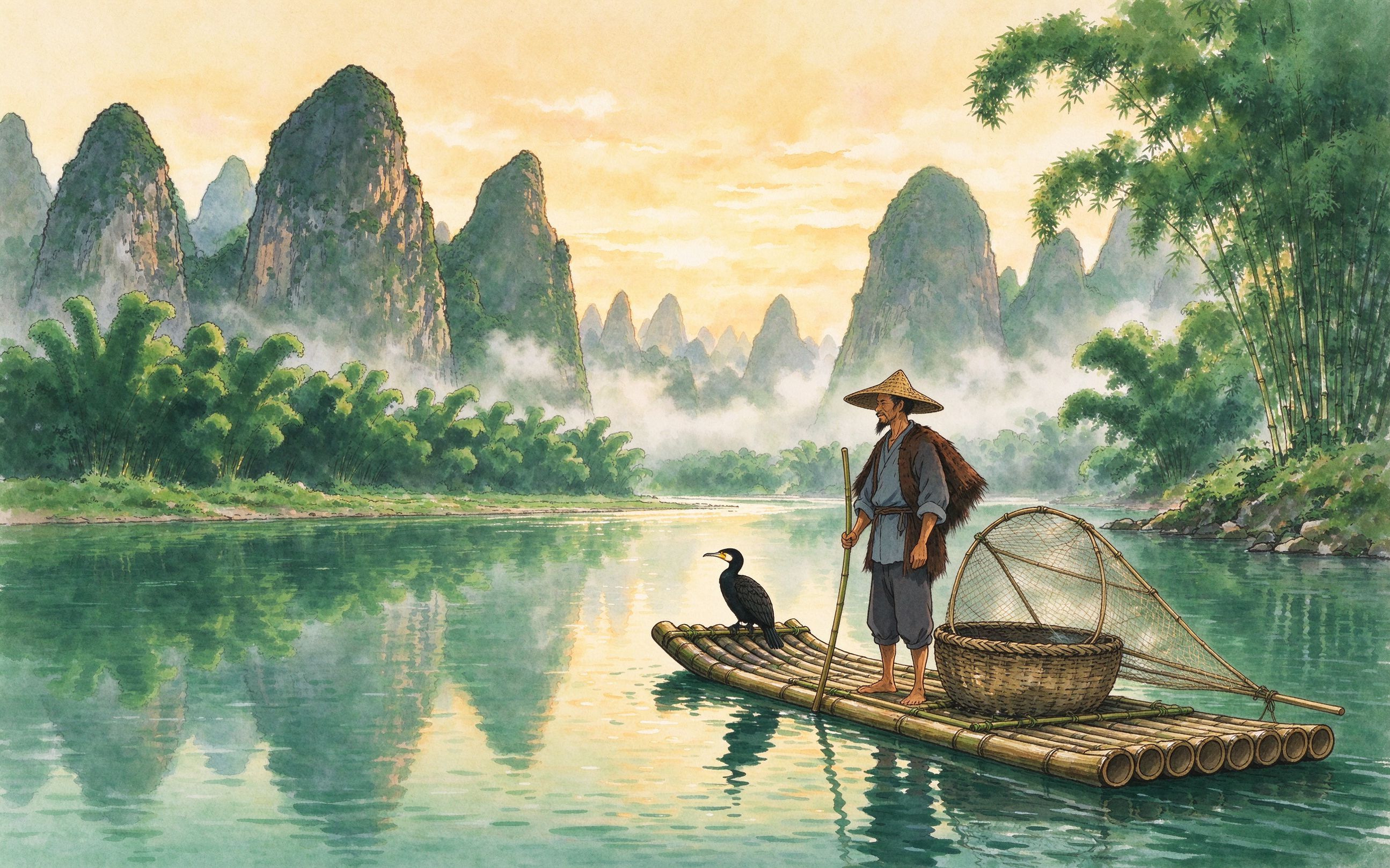 桂林漓江竹筏插画