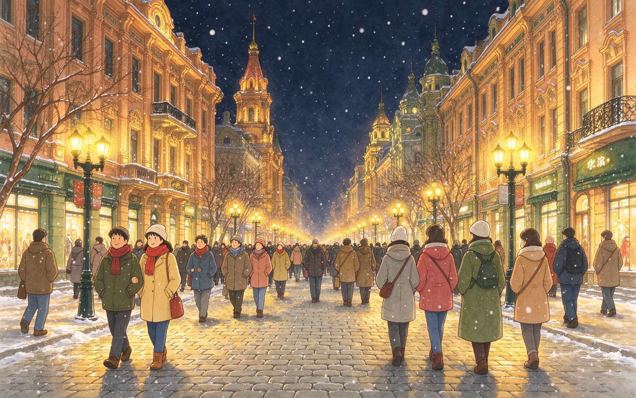 哈尔滨中央大街冬夜插画