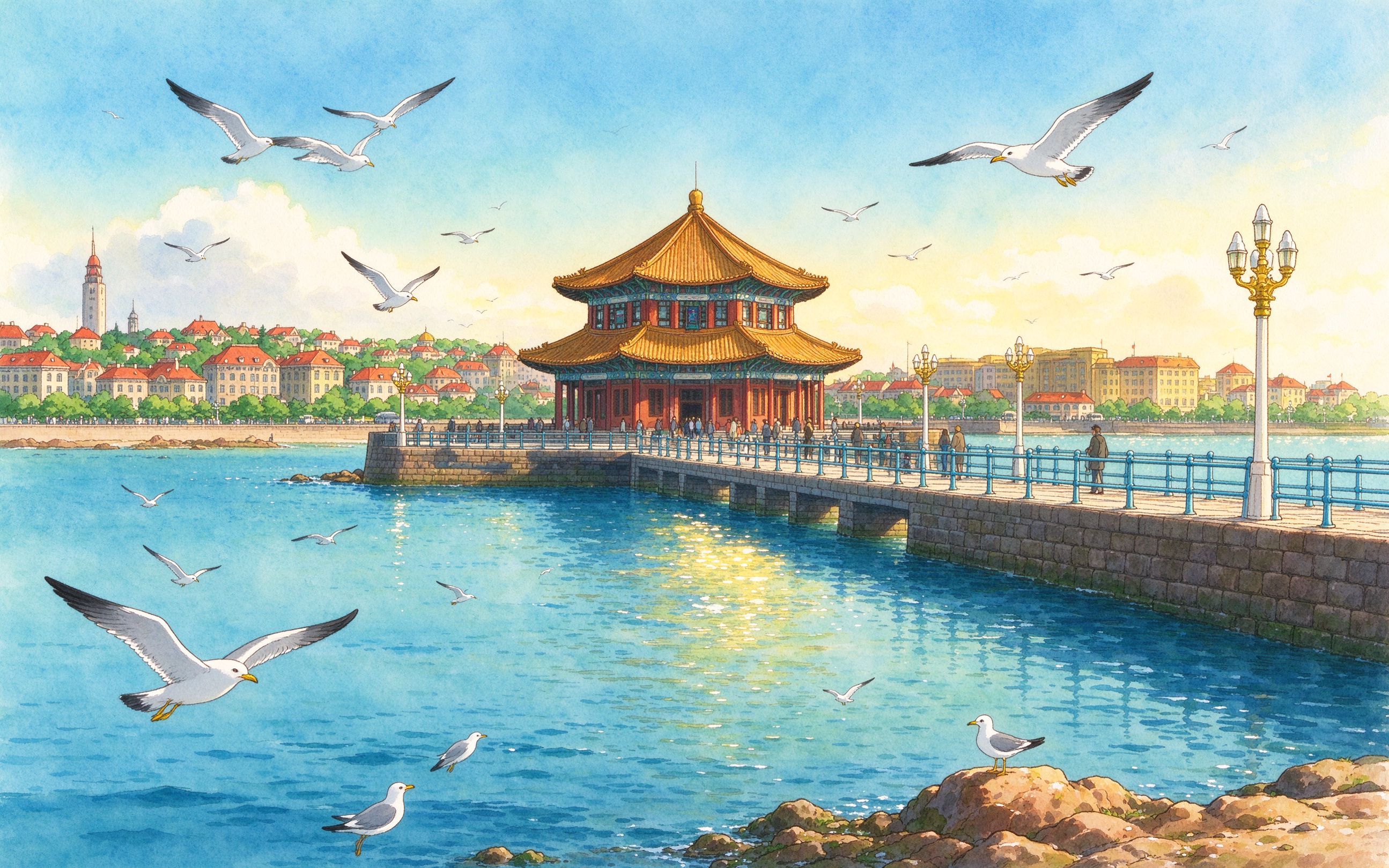 青岛栈桥海鸥插画