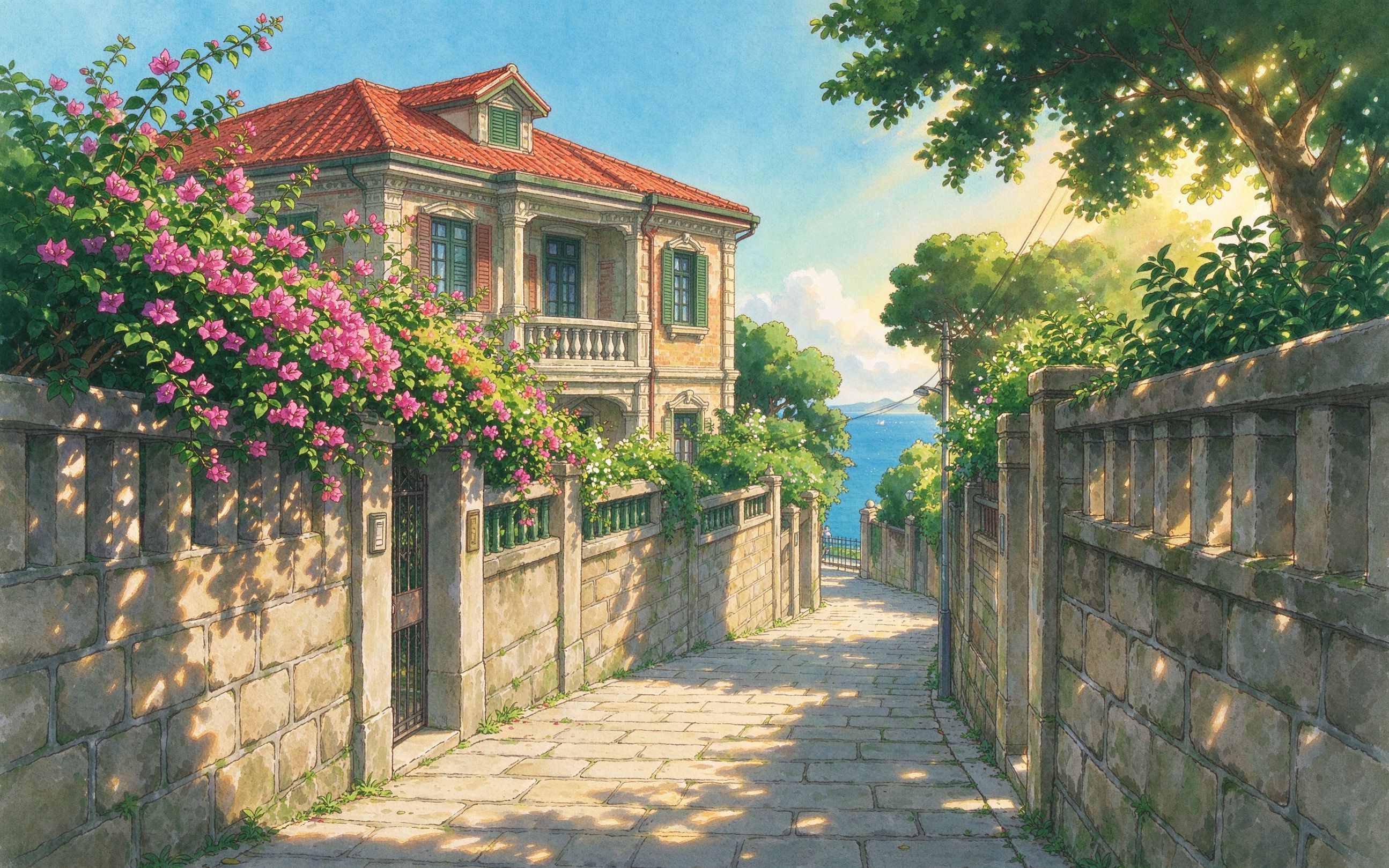 厦门鼓浪屿小巷三角梅插画