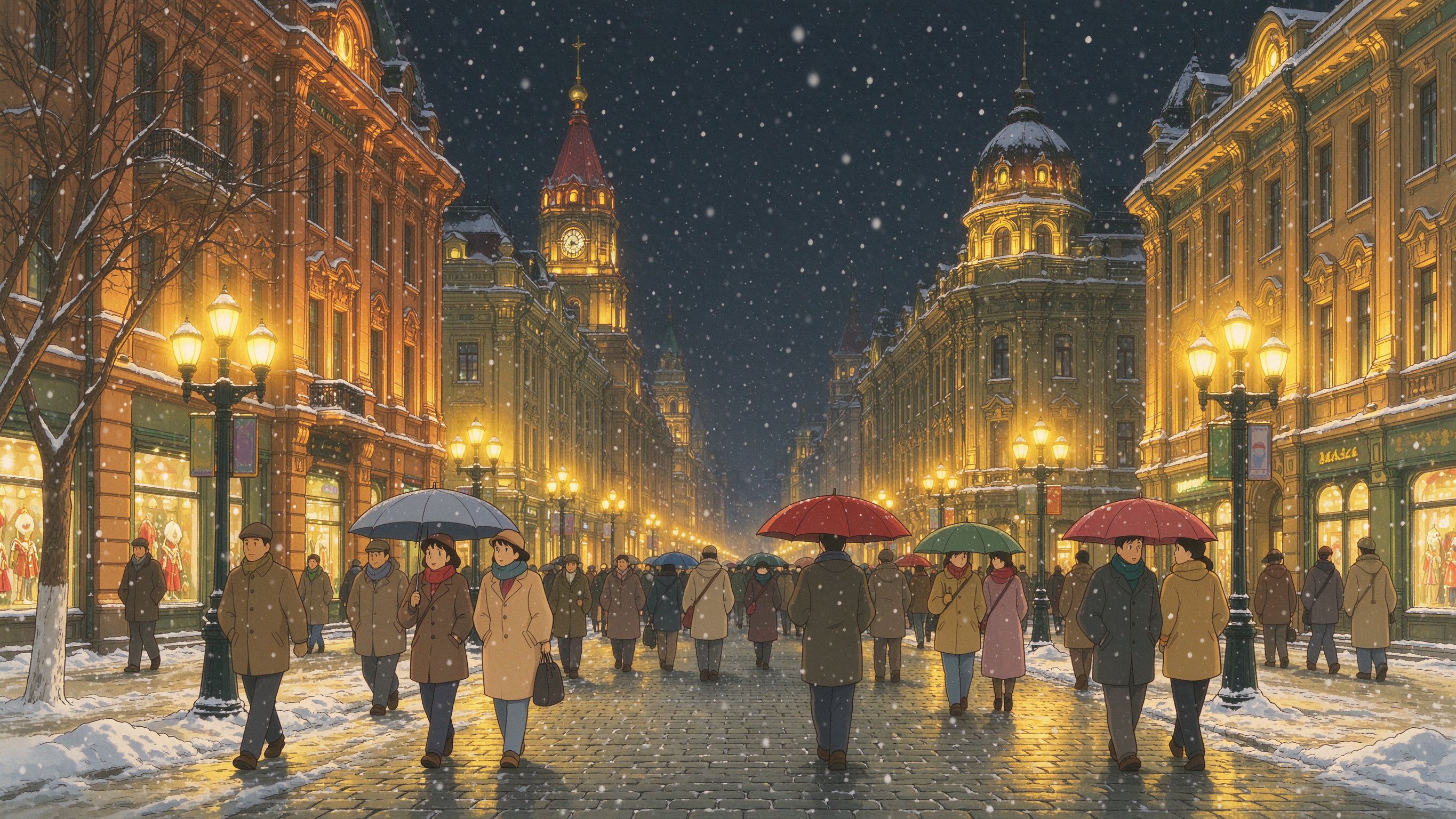 中央大街雪夜街景（网友投稿插画）