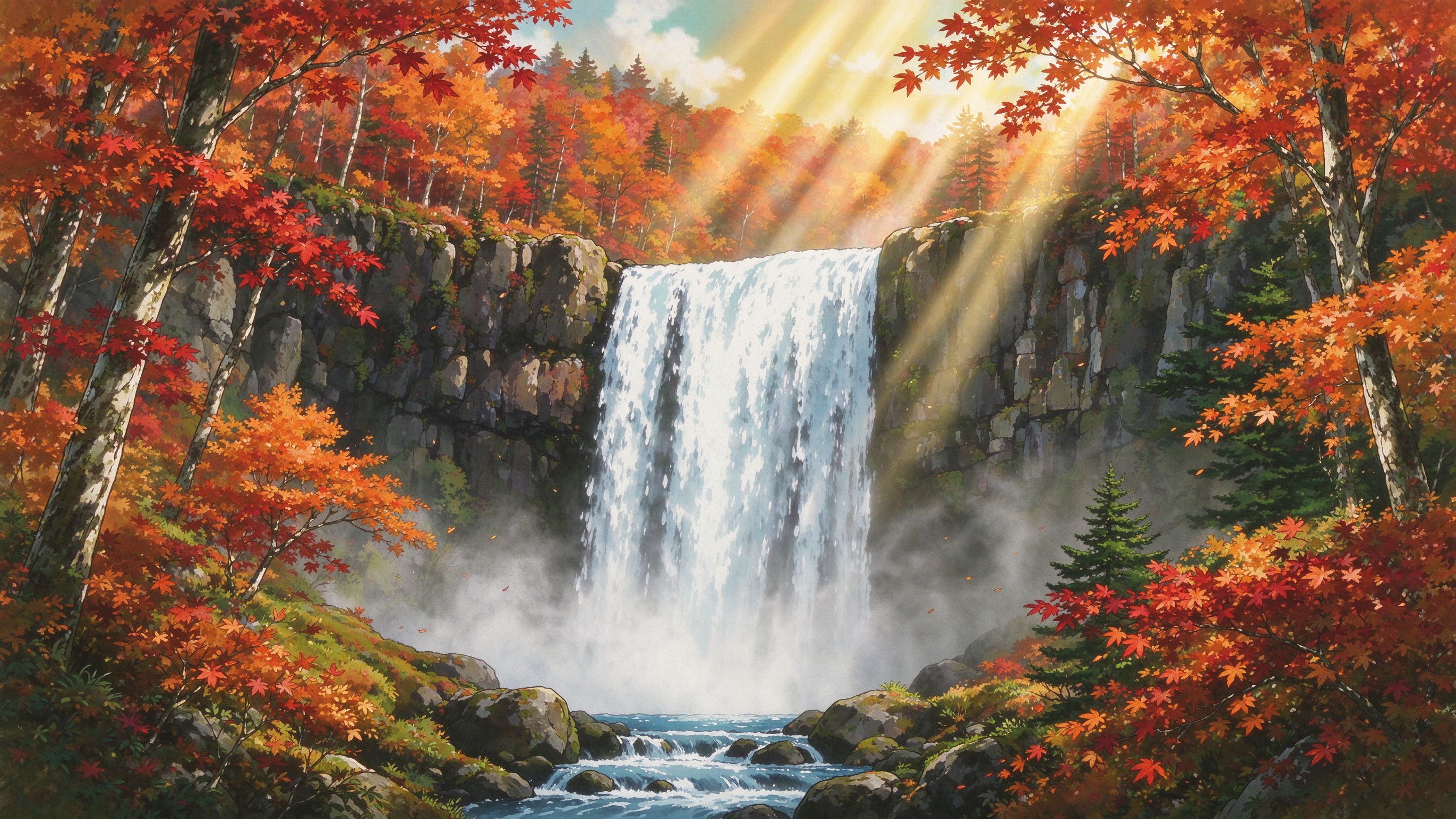 长白山红叶瀑布（网友投稿插画）