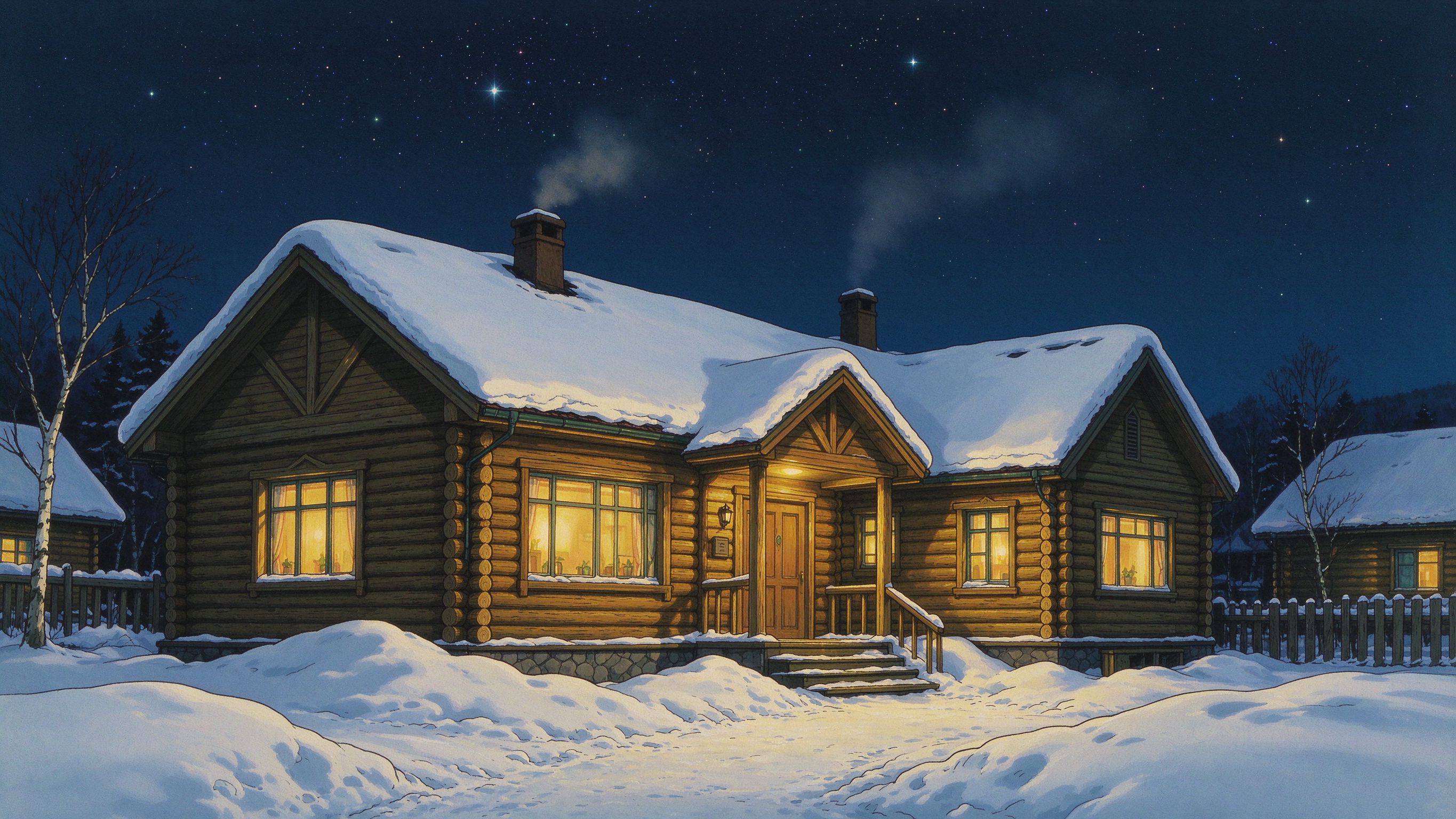 雪夜木刻楞小屋暖灯(网友投稿插画)