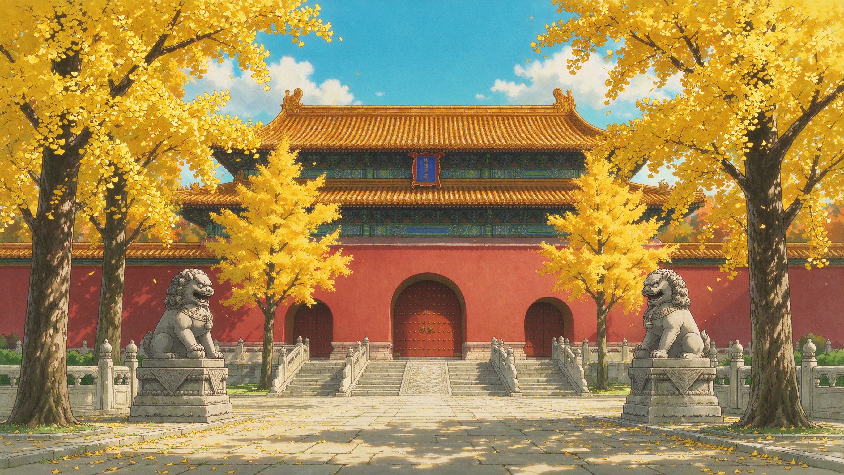 金秋故宫红墙黄瓦银杏（网友投稿插画）