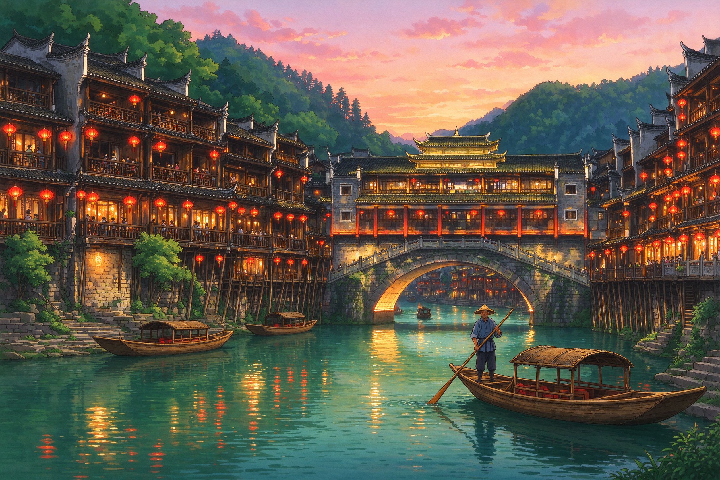 凤凰古城旅行插画
