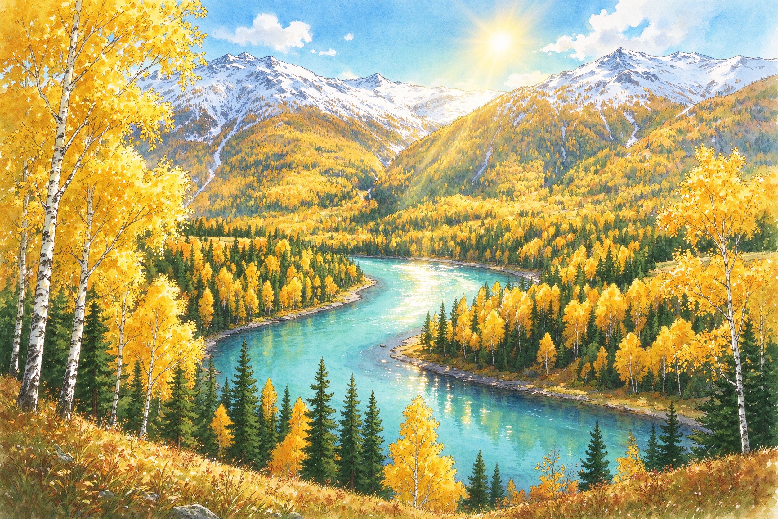 喀纳斯旅行插画