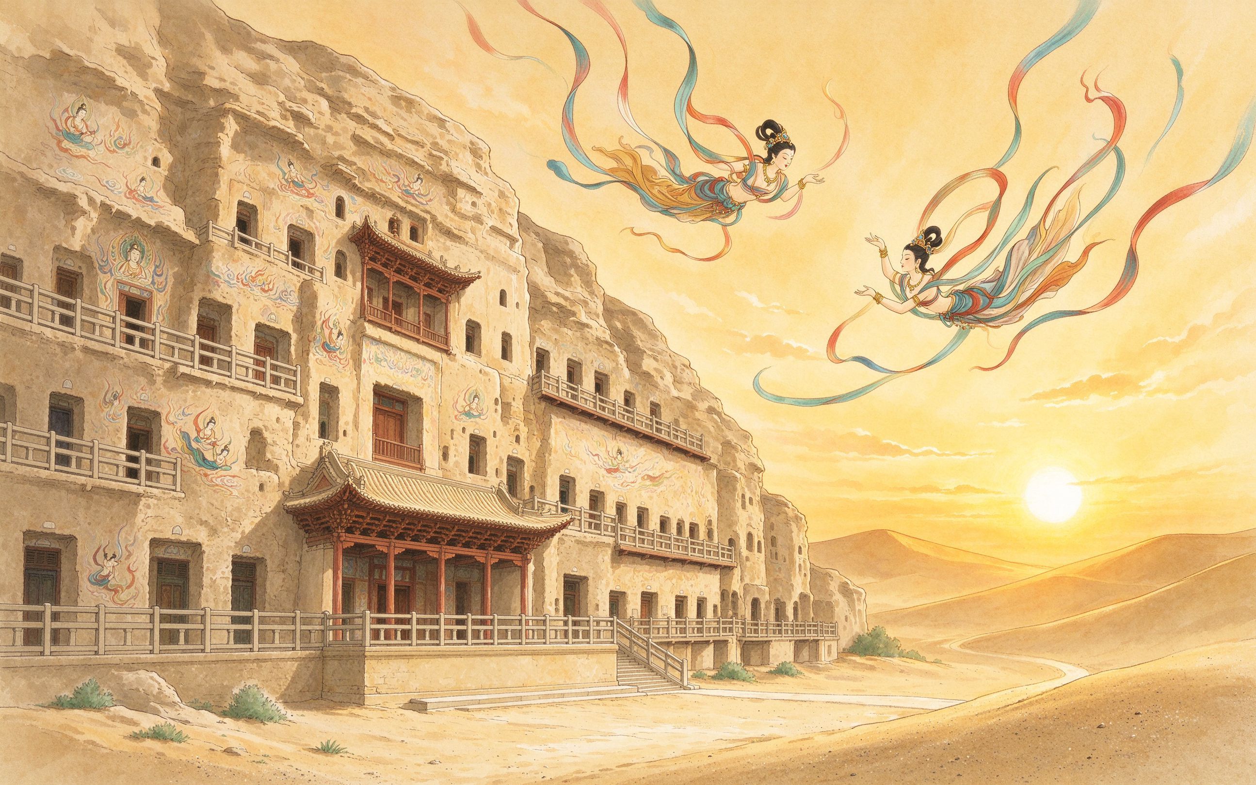敦煌莫高窟外景与飞天壁画