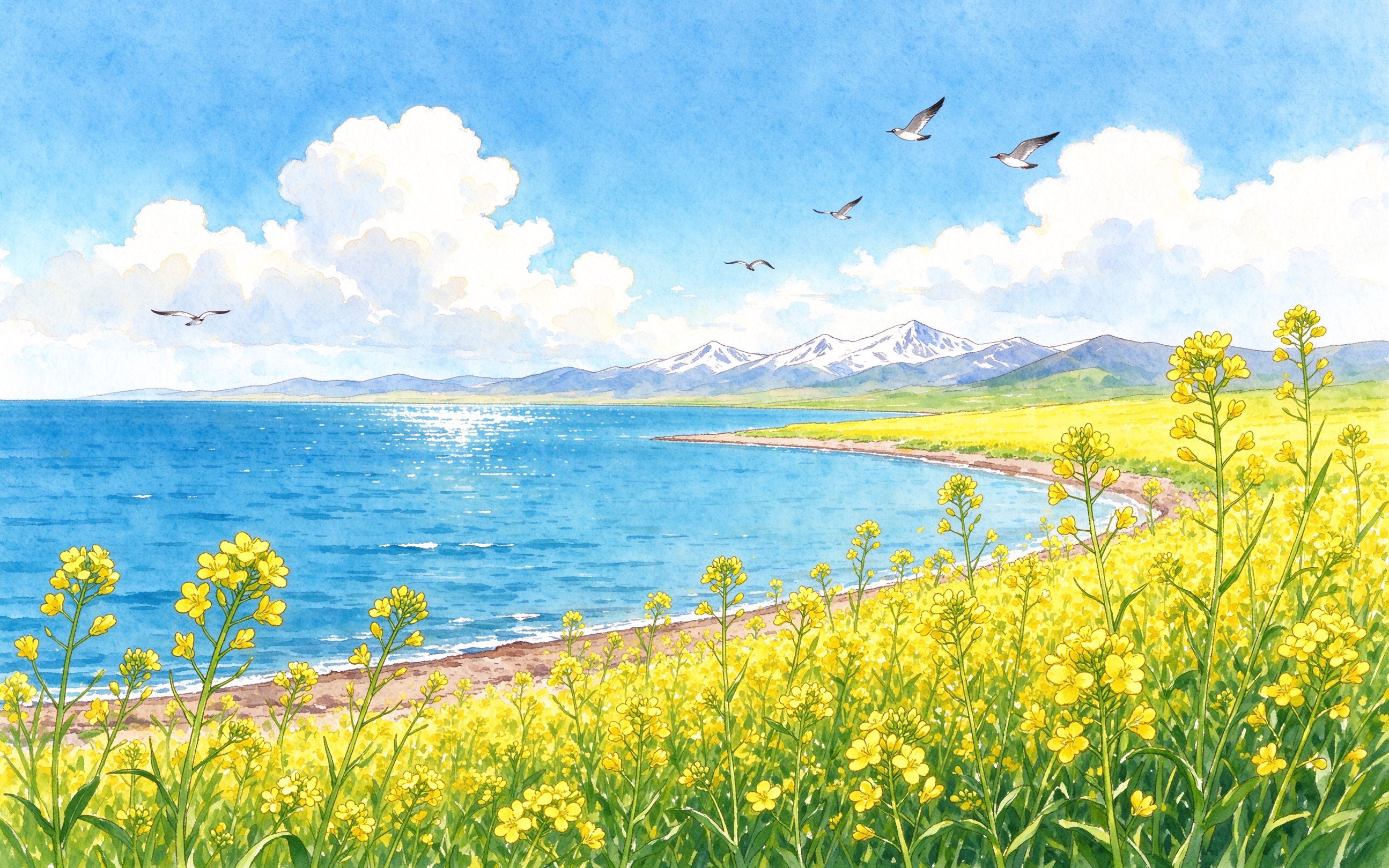 青海湖油菜花田与湛蓝湖水