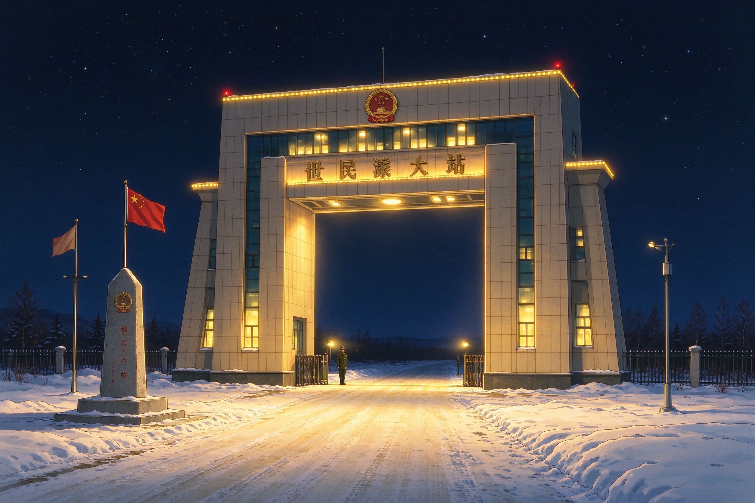 中俄边境满洲里国门冬夜