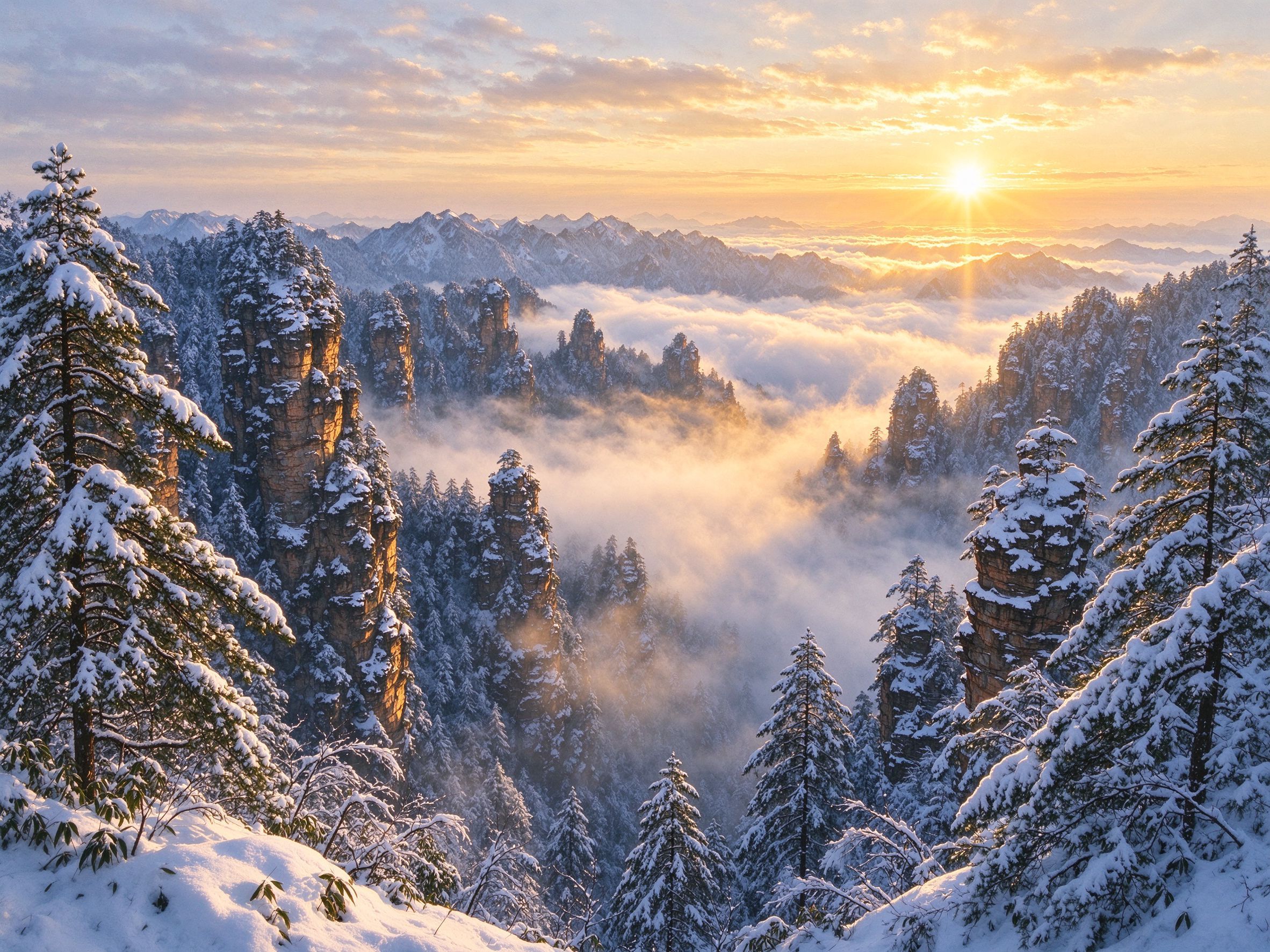 张家界雪峰云海日出
