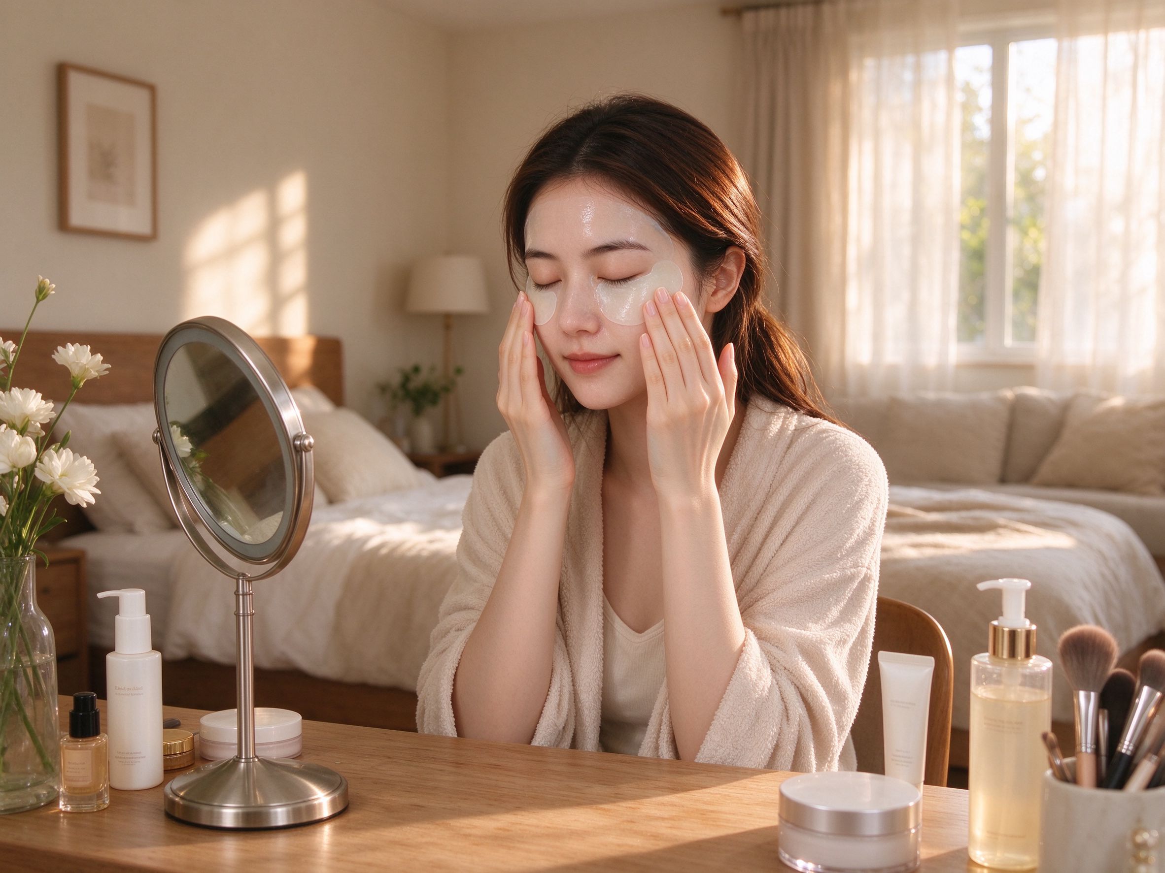 女生敷面膜梳妆台前