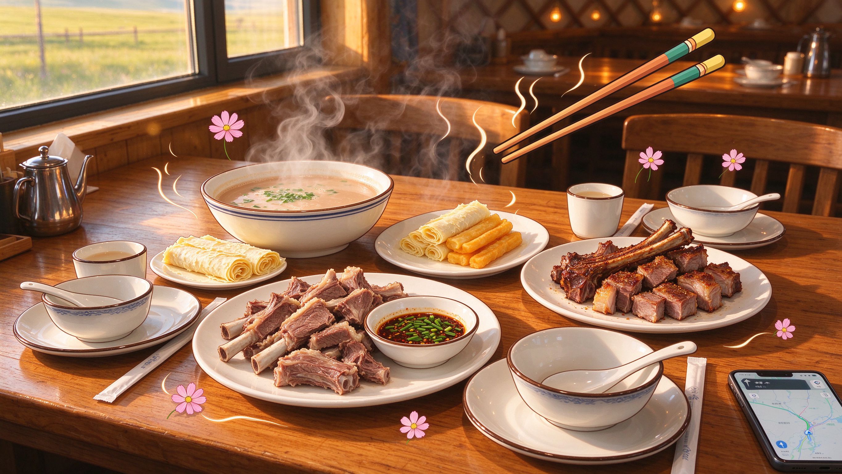 木桌上的草原美食