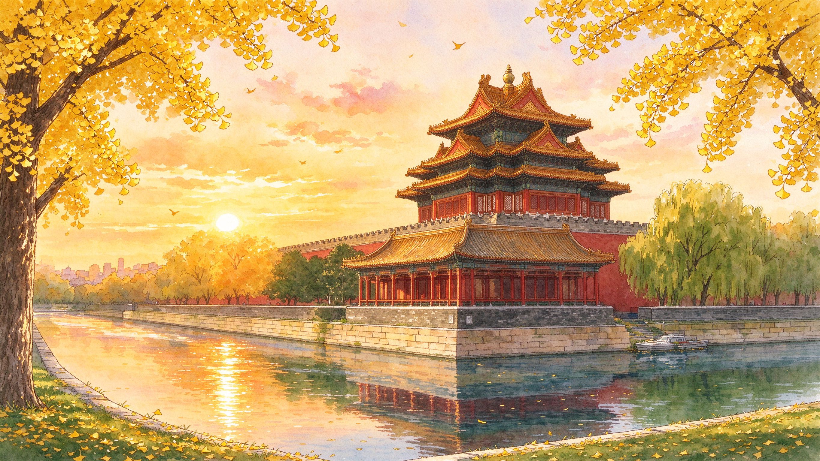 北京故宫角楼金秋银杏