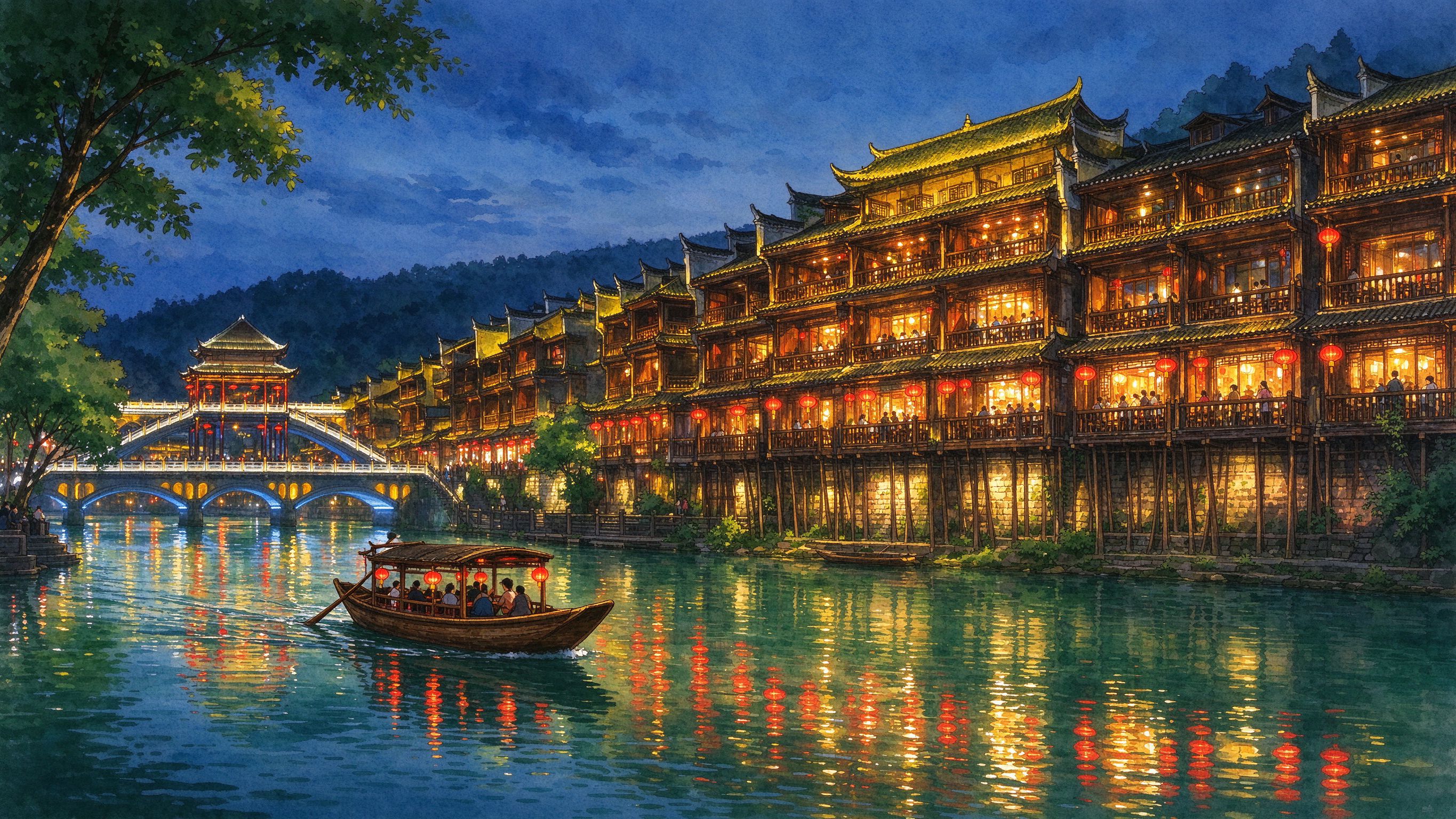 凤凰古城沱江夜景