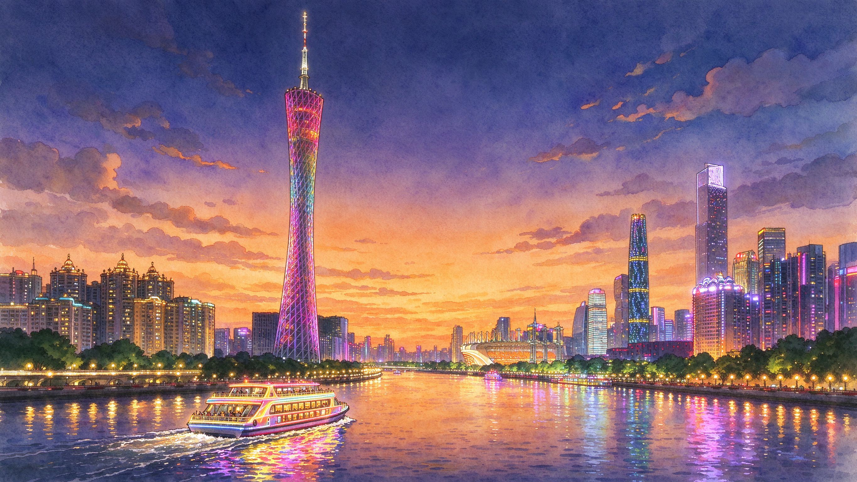 广州塔珠江黄昏夜景